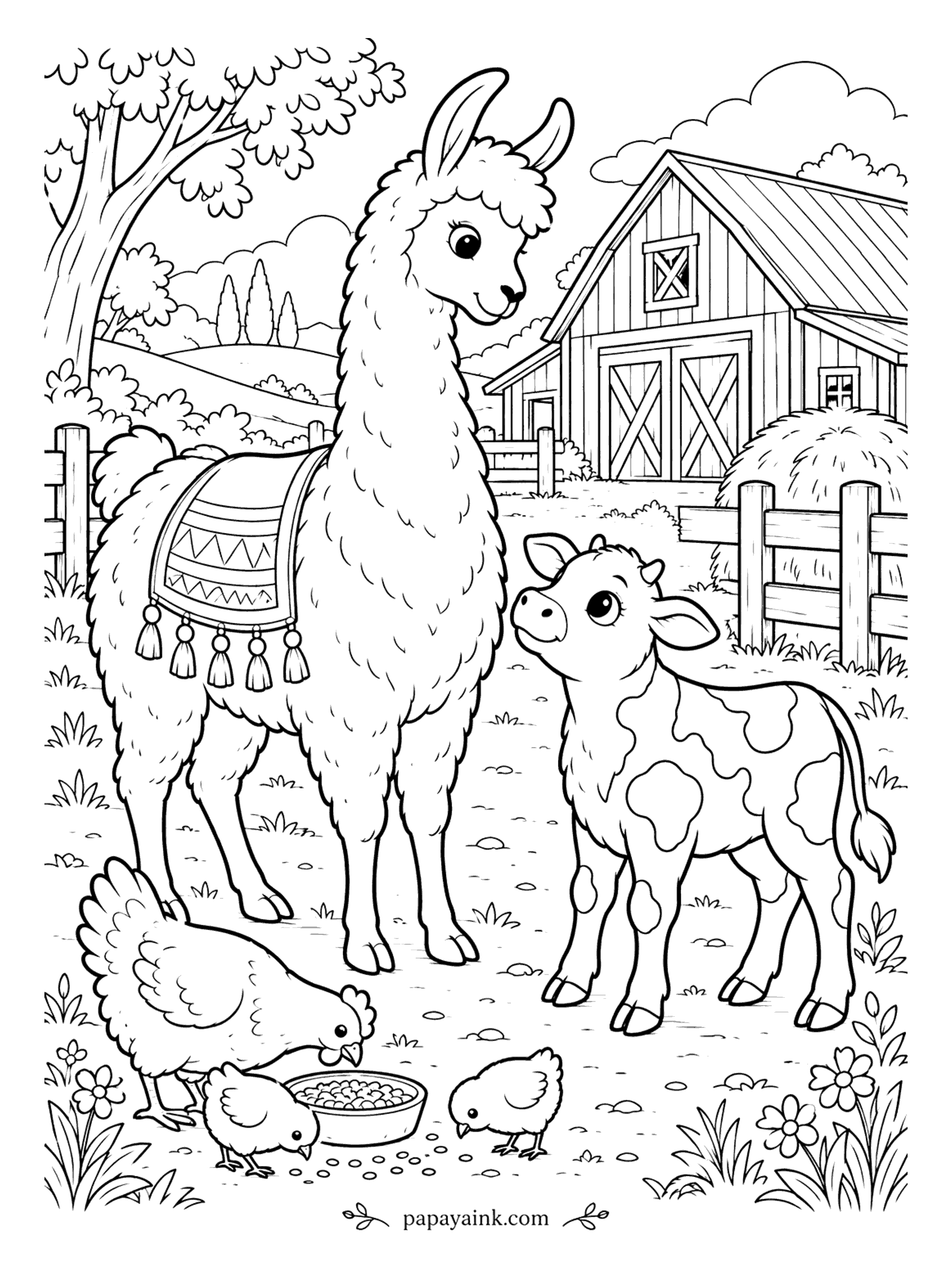 Llama Coloring Pages - Morning on the farm. A spotted calf trots over to meet the llama, a hen and two chicks peck at a bowl of grain, and the barn waits beyond the fence in whatever color you decide. Friendly shapes with room for bold color.