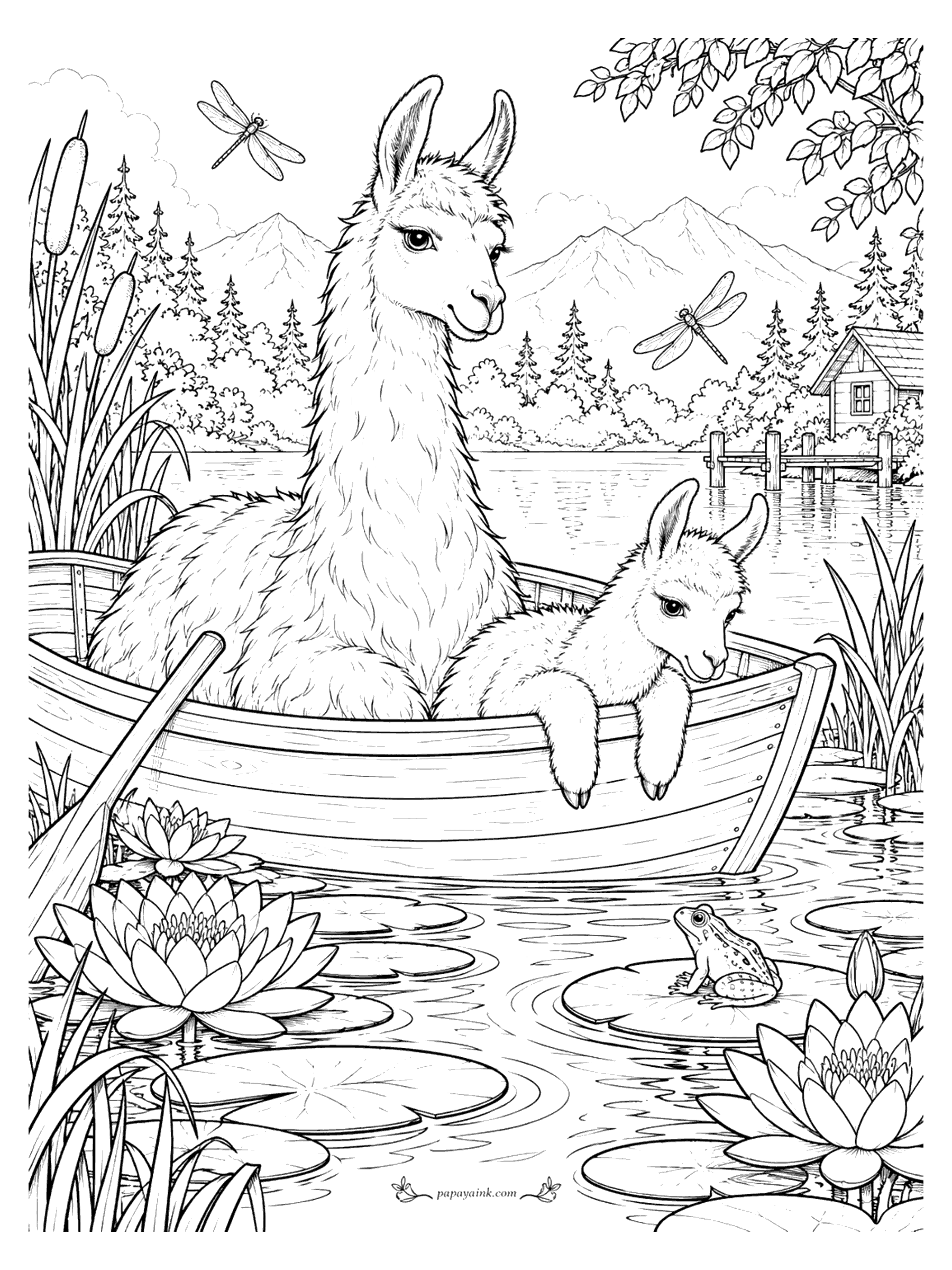 Llama Coloring Pages - A llama and cria drift in a wooden rowboat across a pond of water lilies while a frog sits on a lily pad and dragonflies skim the surface.