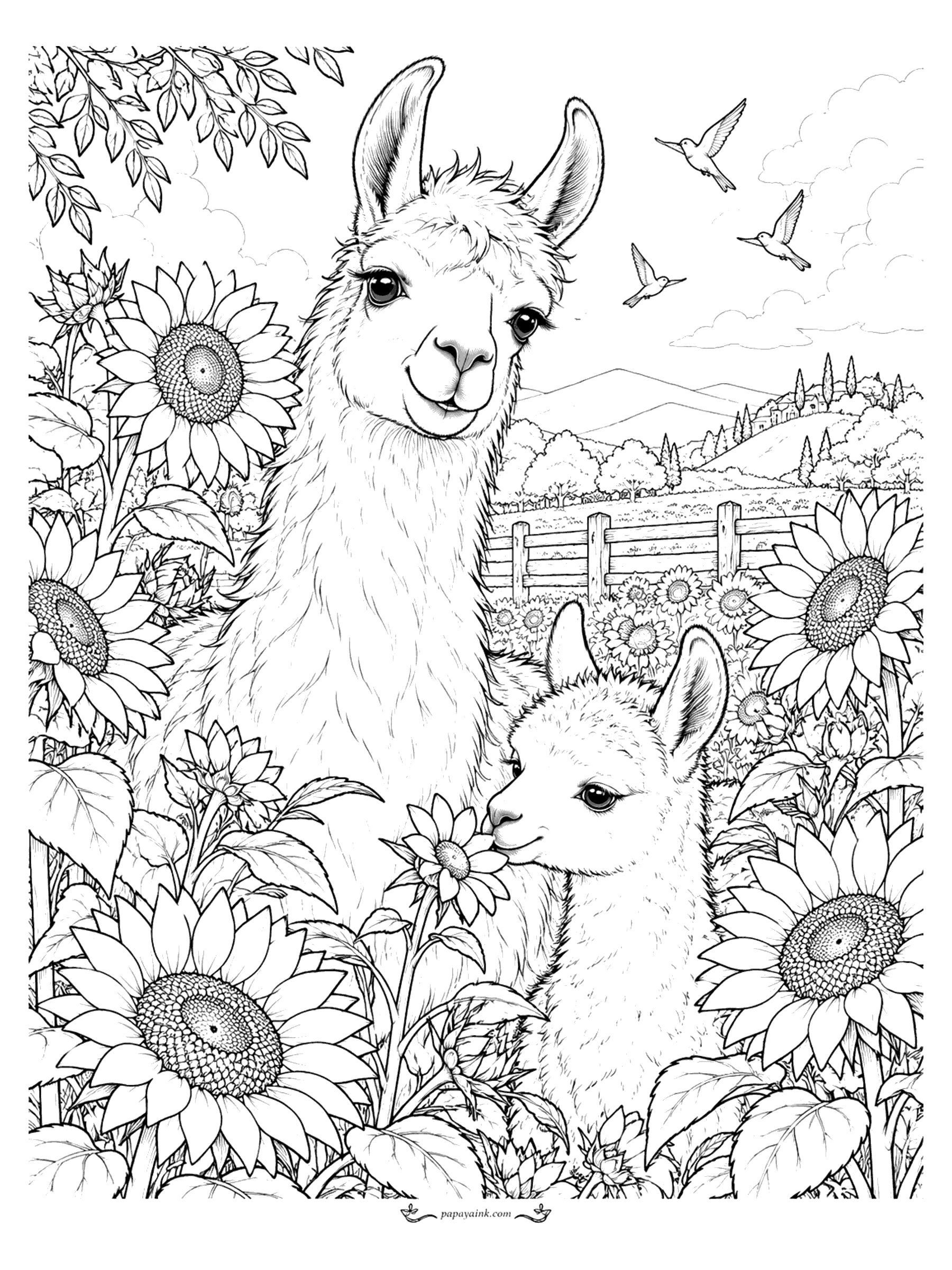 Llama Coloring Pages - A mother llama and her cria peek through a field of giant sunflowers while hummingbirds hover above and a wooden fence lines the meadow. Detailed