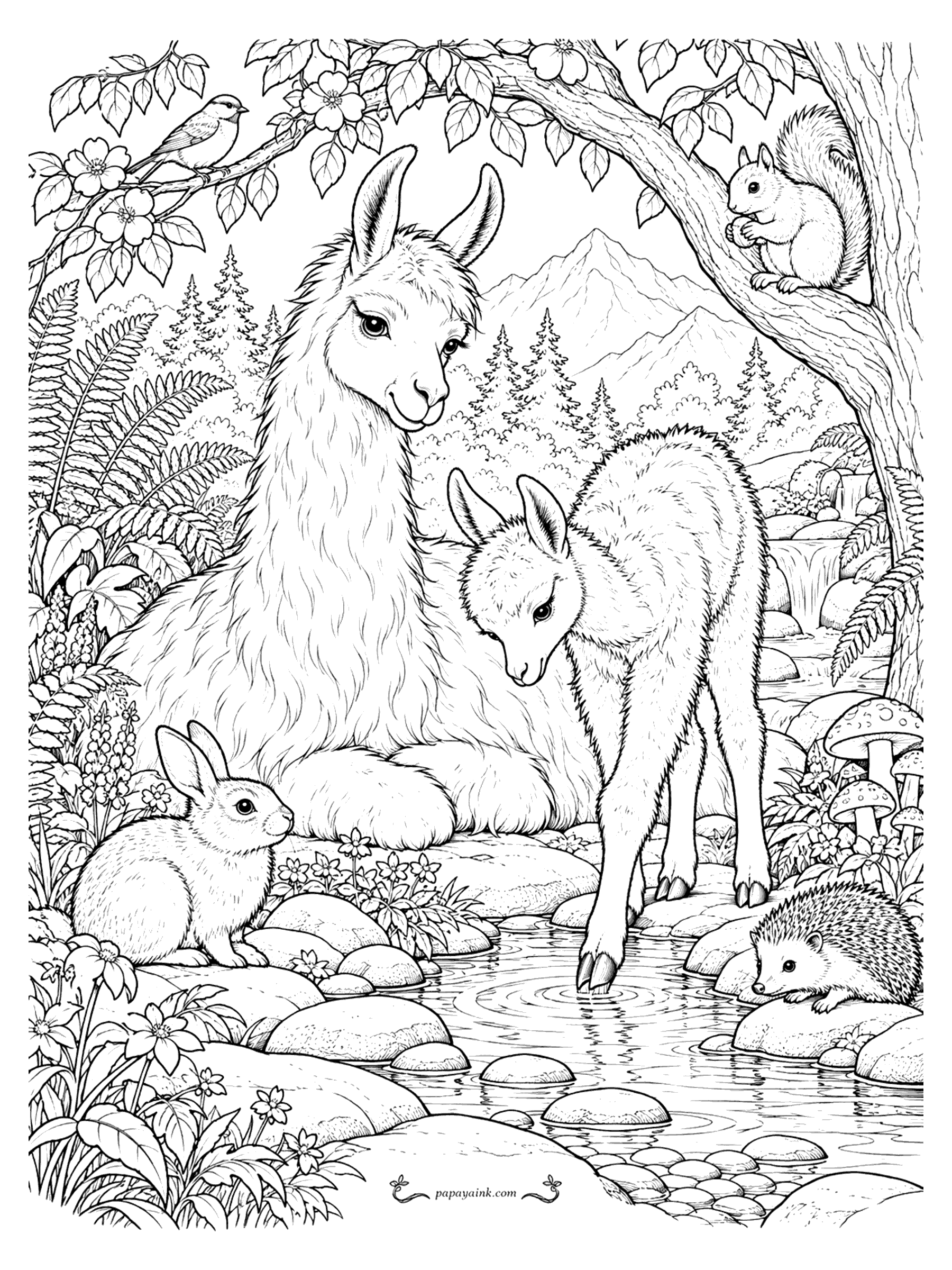 Llama Coloring Pages - A cria tests the water of a forest stream with one hoof while a bunny, hedgehog, squirrel and songbird gather around the resting mother llama.