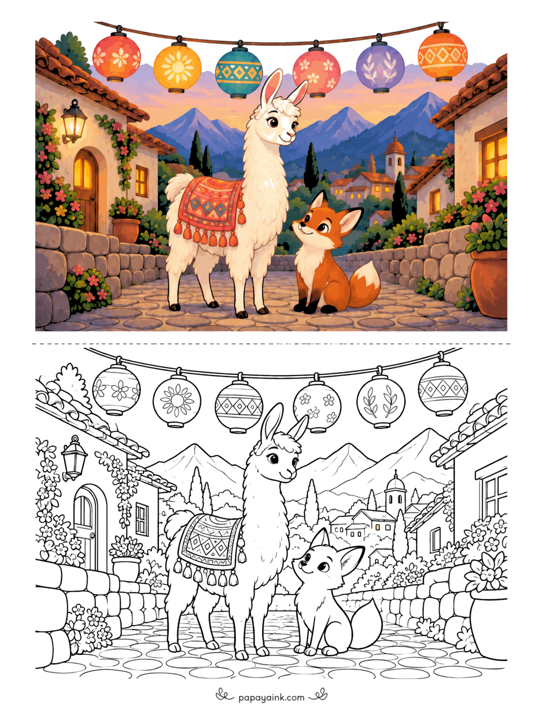 Llama Coloring Pages - Evening in a mountain village. Paper lanterns hang over a cobbled lane, and a young fox sits beside a llama in a tasseled blanket, waiting to be introduced. Warm yellow inside the lanterns against a violet sky does most of the work.
