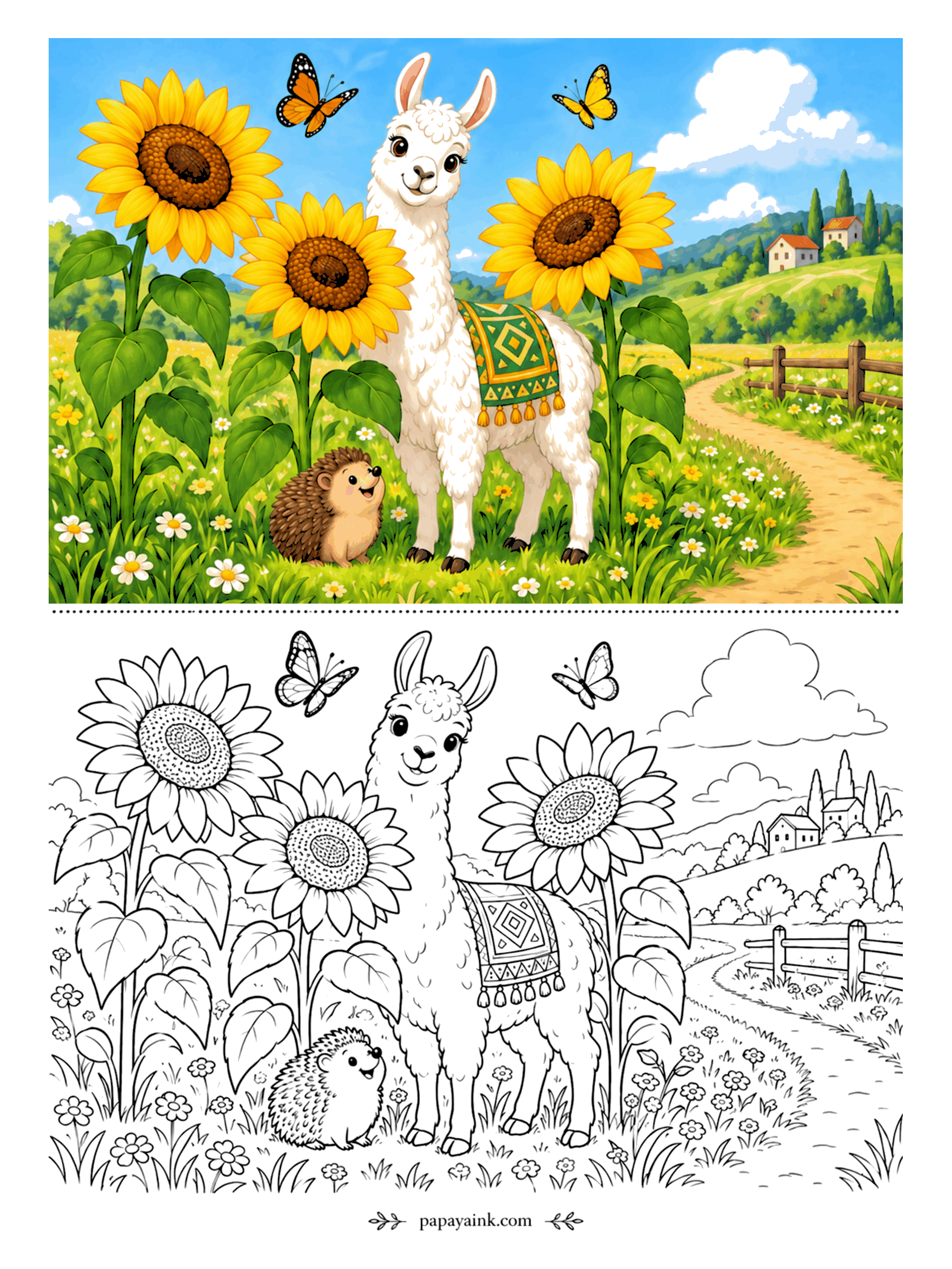 Llama Coloring Pages - Sunflowers taller than a llama take some growing. A hedgehog waits in the grass below, butterflies circle the flower heads, and a dirt road runs off toward red-roofed farmhouses. Use two or three yellows on the petals so each bloom has its own light.