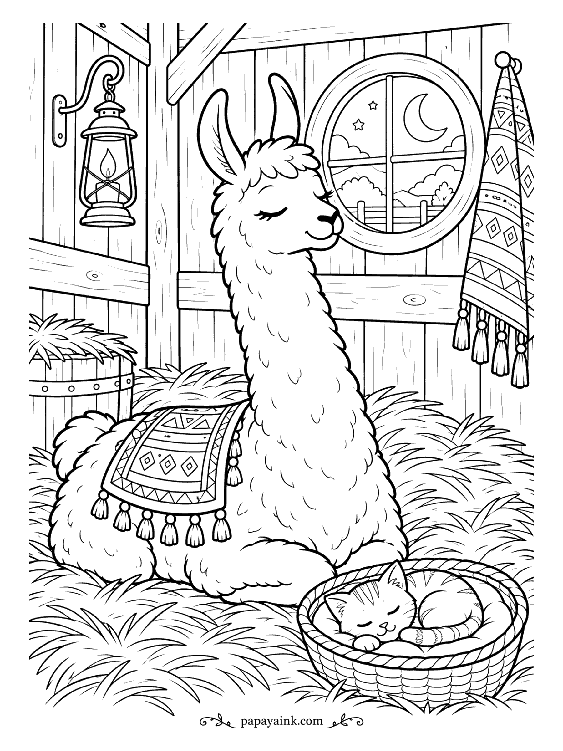 Llama Coloring Pages - Lights out in the barn. The llama dozes in the hay, a kitten sleeps curled in a basket at its feet, and the moon looks in through a round window. Keep everything in soft browns and let the old lantern be the one warm glow.
