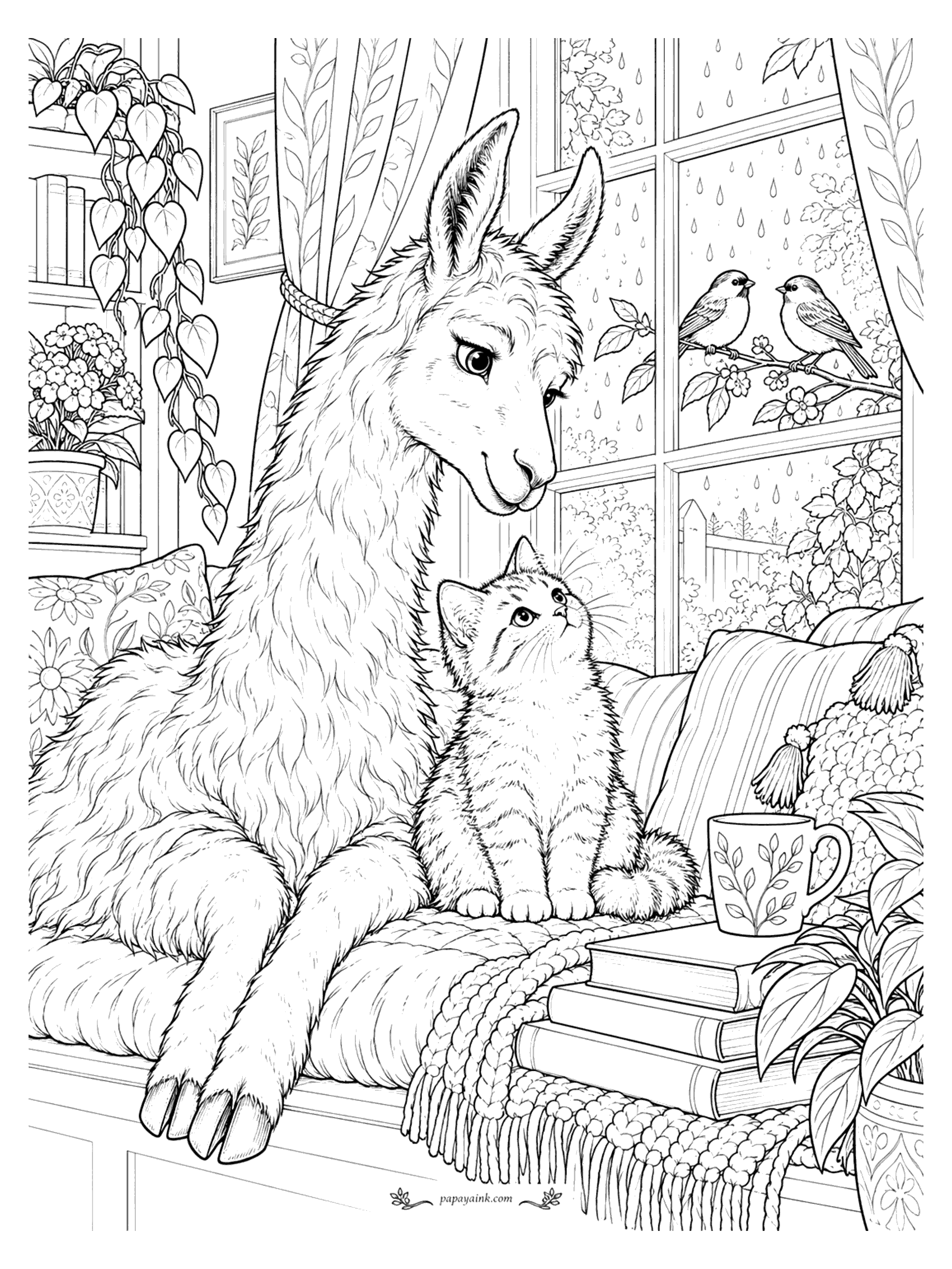 Llama Coloring Pages - A llama curled on a window seat gazes down at a kitten while raindrops streak the glass and two little birds shelter on a branch outside.