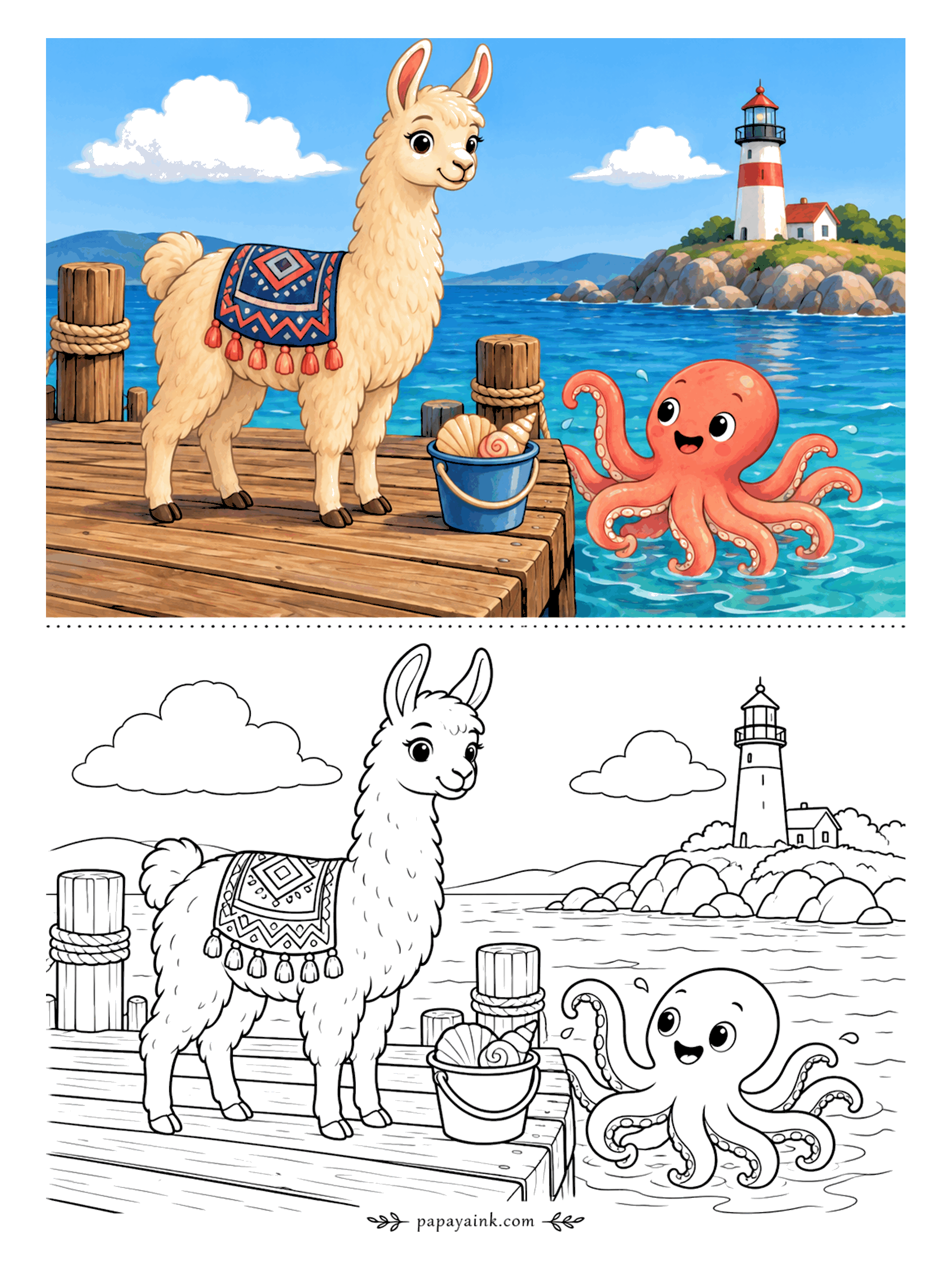 Llama Coloring Pages - Down at the dock, the llama brought a bucket of seashells and an octopus surfaced to take a look. A lighthouse stands on the rocky point across the bay. The planks and rope-wrapped posts are ideal for practicing wood grain with a brown pencil.