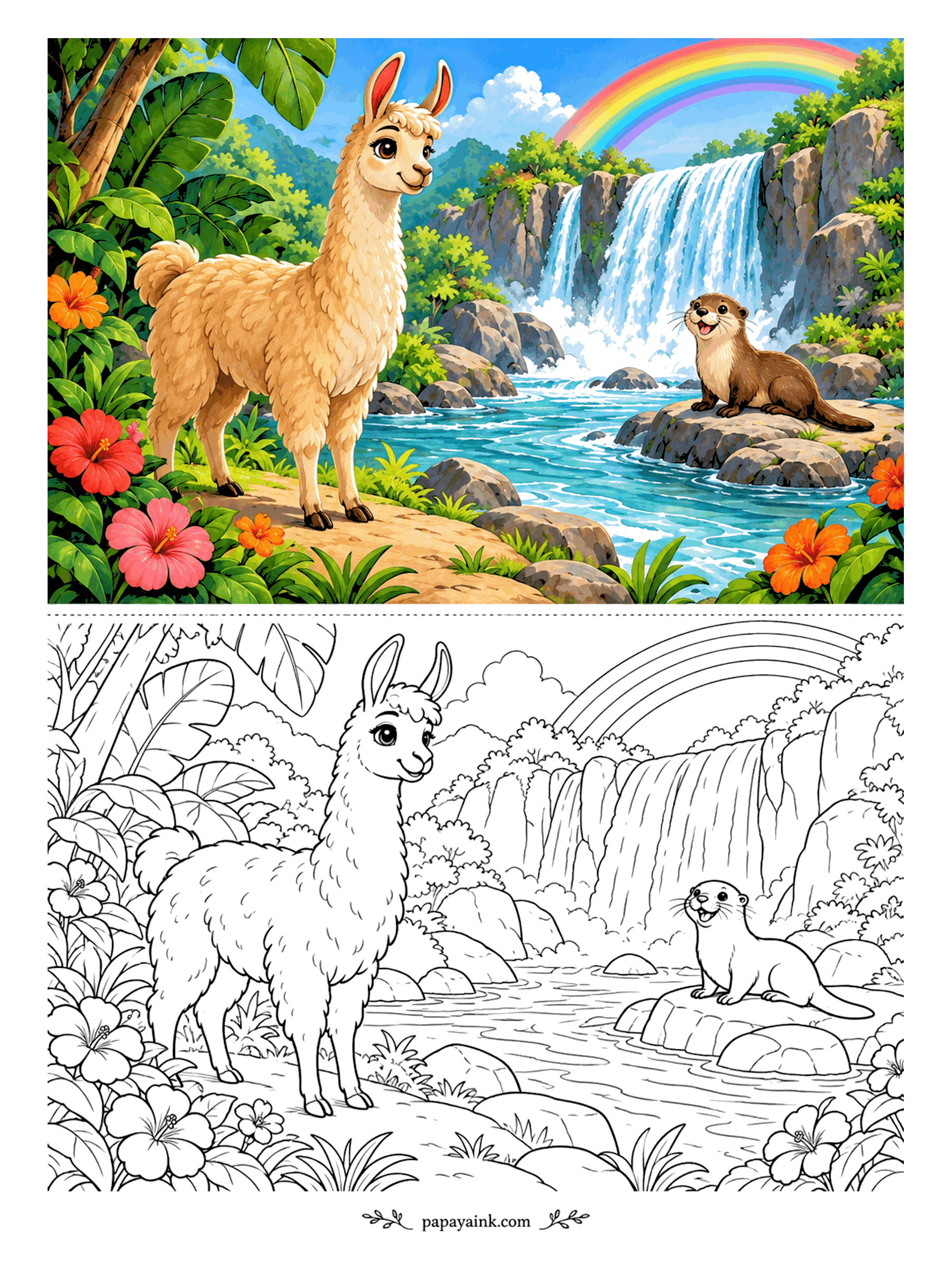 Llama Coloring Pages - The otter on the rock looks very pleased with itself, and the llama has not yet worked out why. Behind them a waterfall pours into a jungle pool under a rainbow, with hibiscus blooming in the foreground. Detailed - lots of leaves and white water.