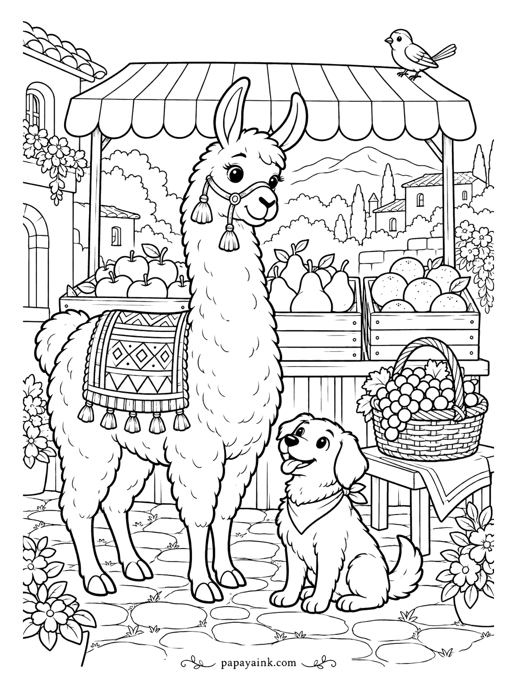 Llama Coloring Pages - Market day in a hillside town. Crates of apples, pears and oranges fill the stall, grapes spill from a basket, and a puppy in a bandana sits by the llama hoping something rolls off the table. Detailed - cobblestones and a scalloped awning.