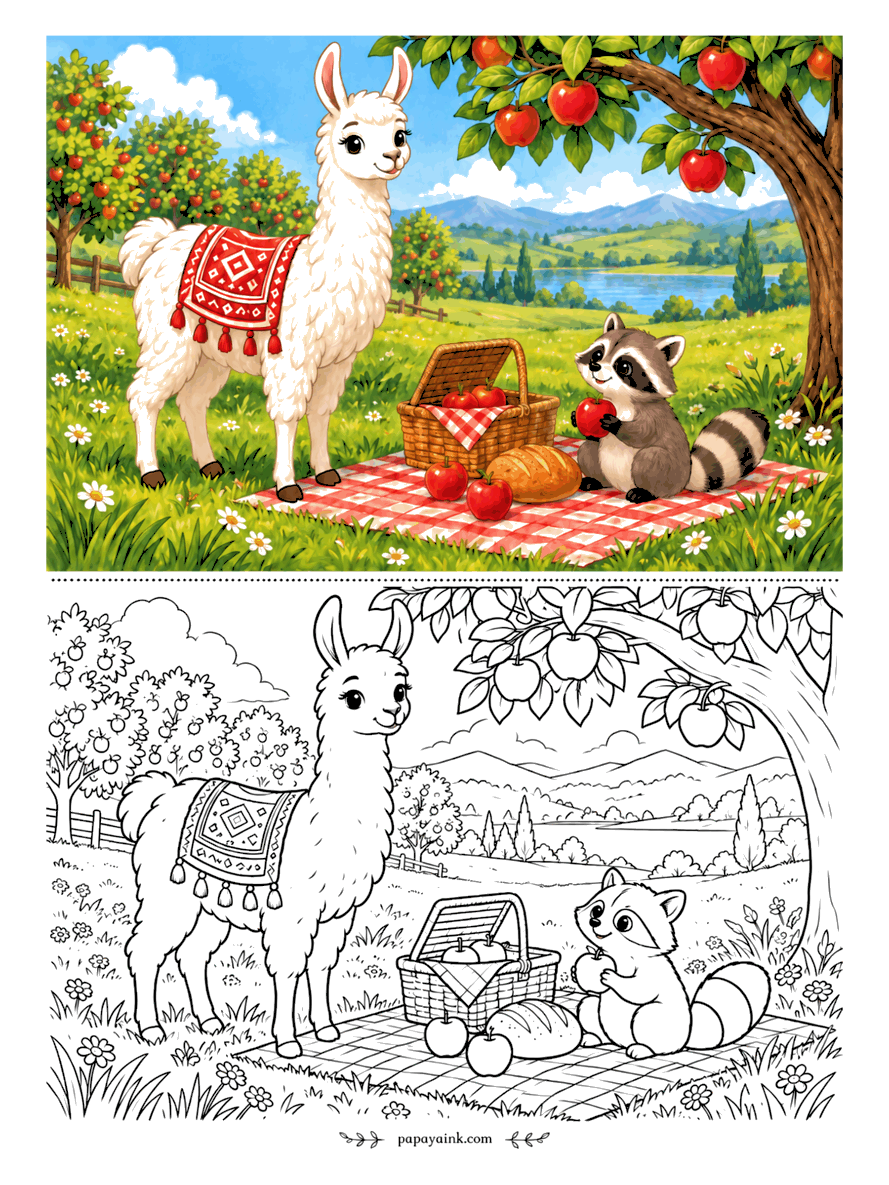 Llama Coloring Pages - Before anyone sits down, the raccoon has already helped itself to an apple. Bread, a basket and a checked blanket lie under a tree heavy with fruit, a lake beyond. Fill every other square of the blanket before the rest and the check stays crisp.