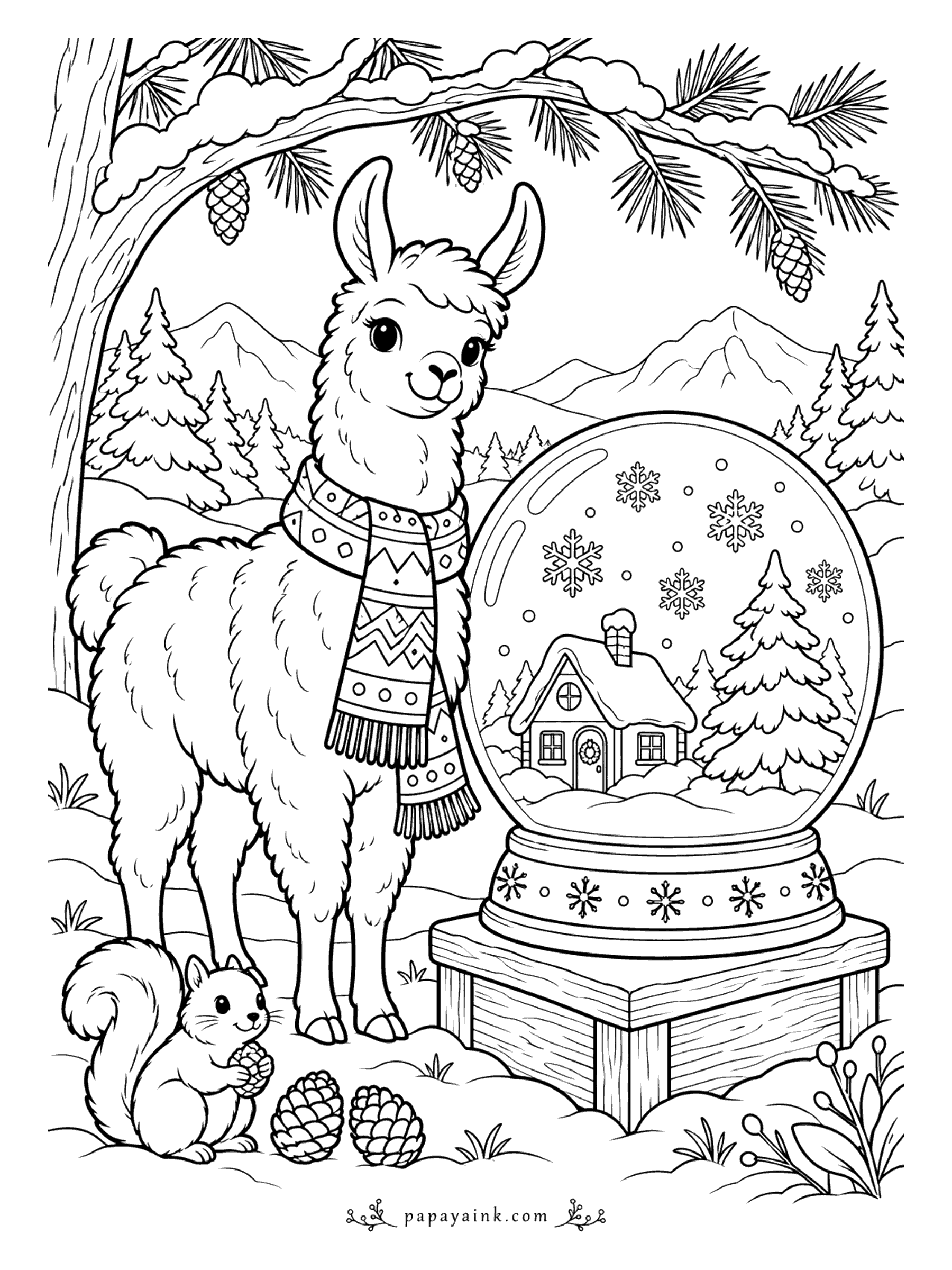 Llama Coloring Pages - A snow globe big enough to hold a whole cottage, and the llama in a knitted scarf cannot stop looking at it. A squirrel has brought a pinecone to the viewing. Leave the snowflakes white and tint the glass with the faintest blue.
