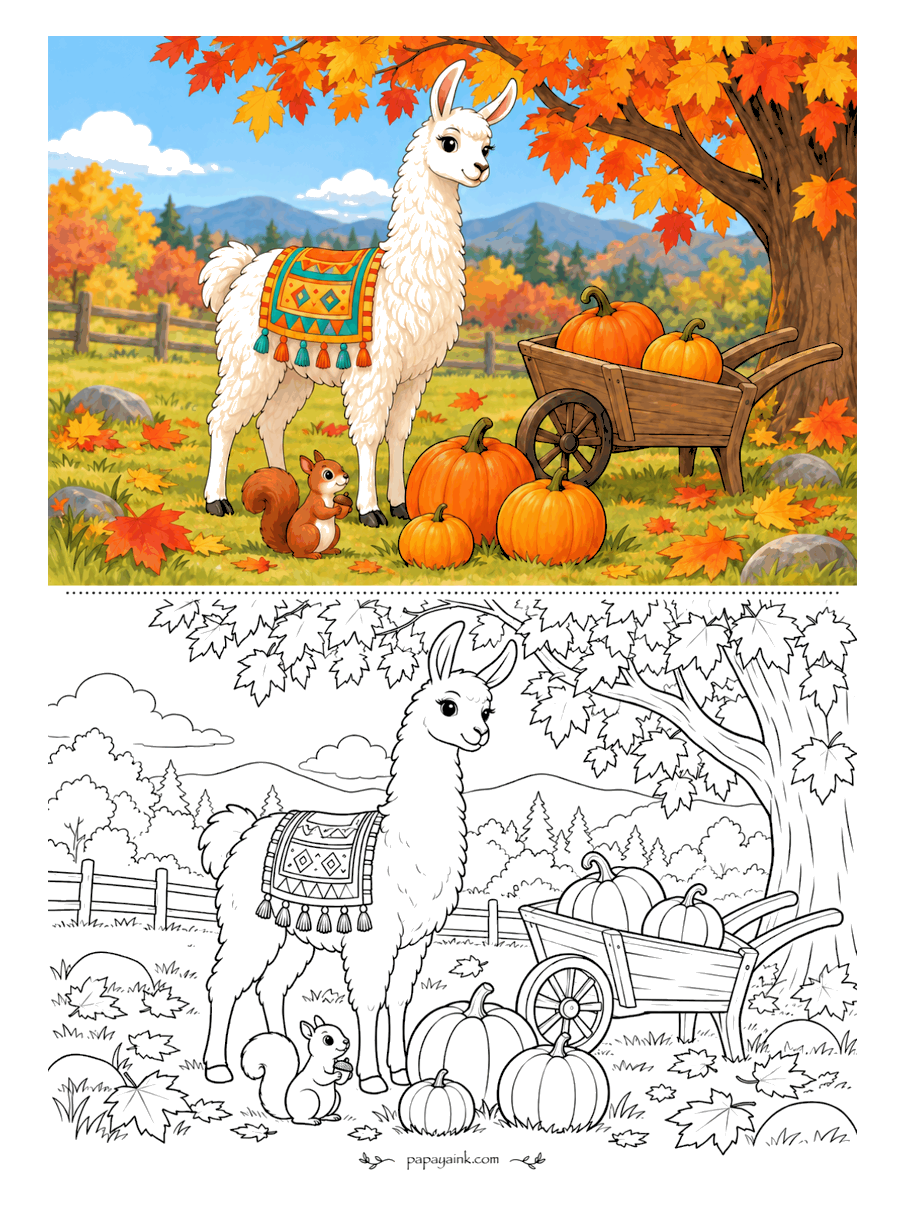 Llama Coloring Pages - Harvest time on the farm. Pumpkins spill from a wooden wheelbarrow, maple leaves cover the grass, and a squirrel holds up its acorn as if that were the real prize. A rich page for burnt orange, rust and gold.