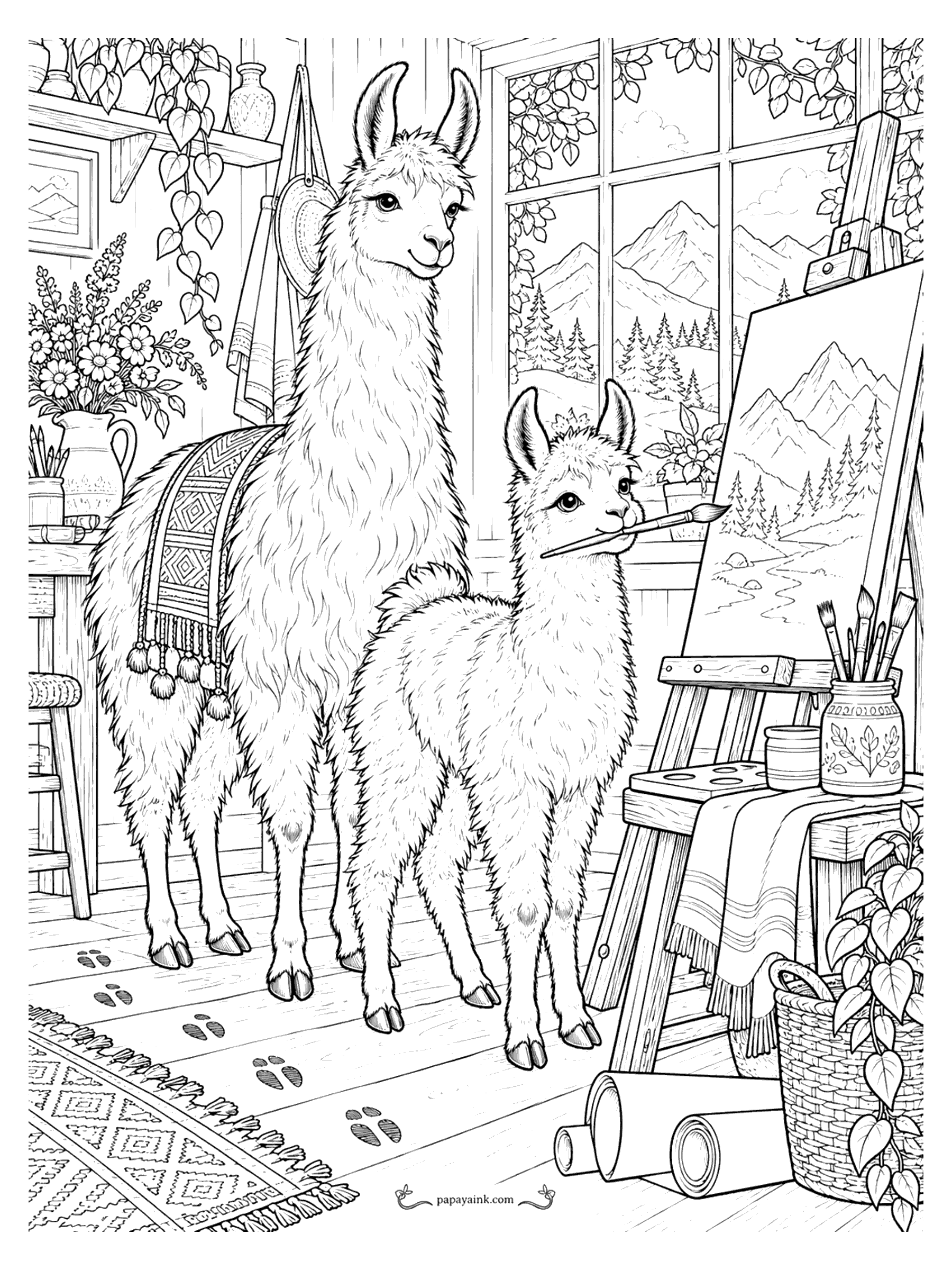 Llama Coloring Pages - In a cozy studio a cria holds a paintbrush in its mouth in front of an easel while its mother in a patterned blanket looks on, hoof prints dotting the floor. Detailed
