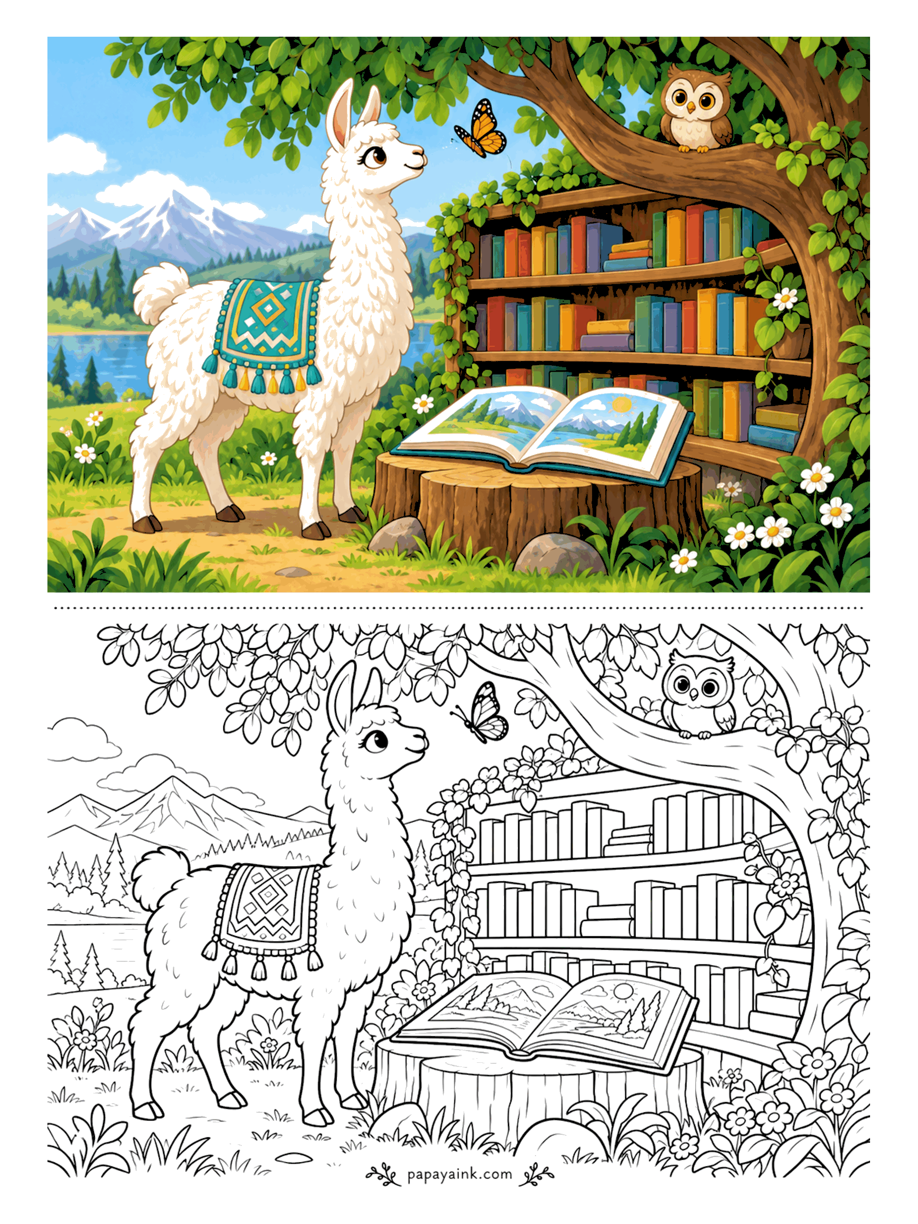 Llama Coloring Pages - Story time in the woods. A bookcase has grown into the trunk of an old tree, a picture book lies open on a stump, and the owl in the branches has clearly read it all. Dozens of book spines - a good home for odd pencil colors.