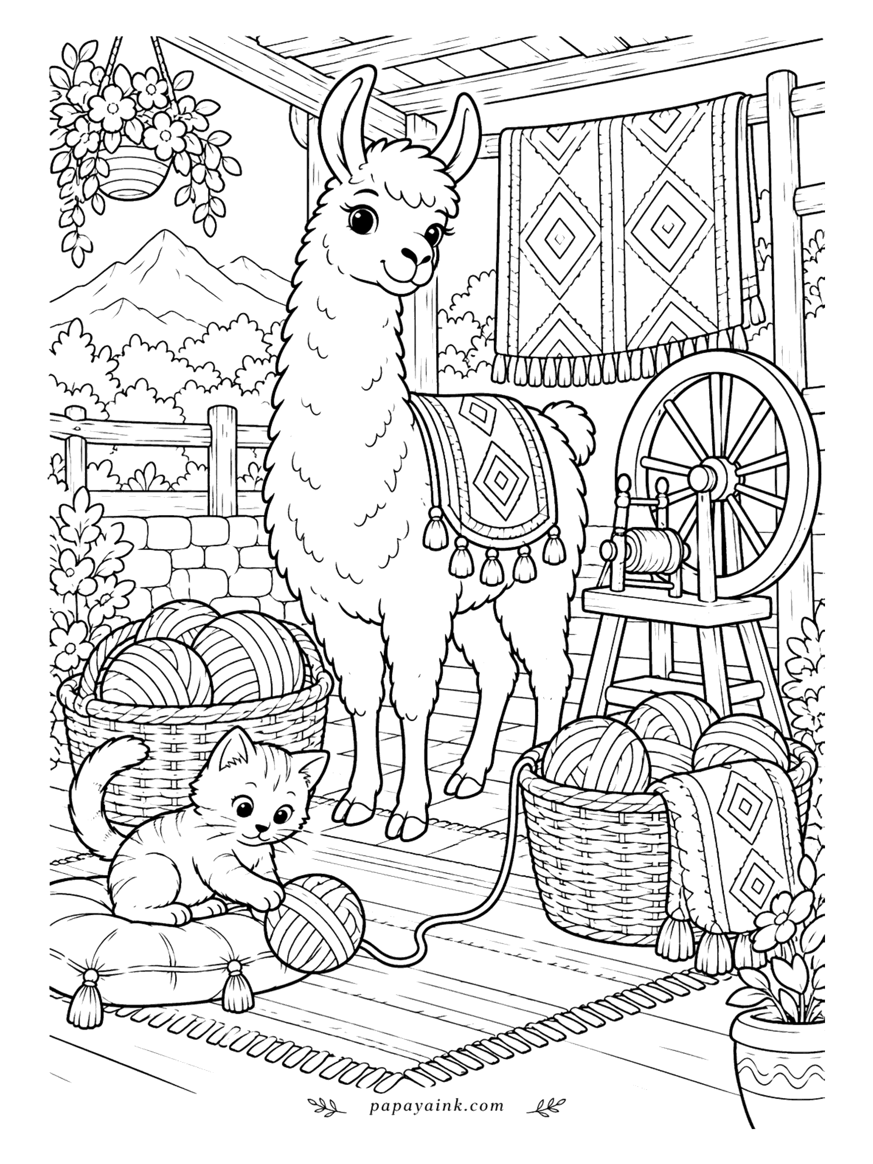 Llama Coloring Pages - From llama to yarn without leaving the porch. A spinning wheel stands beside baskets heaped with yarn, a woven blanket hangs on the rail, and a kitten is busy unwinding the afternoon's work. Detailed - every ball of yarn is drawn strand by strand.