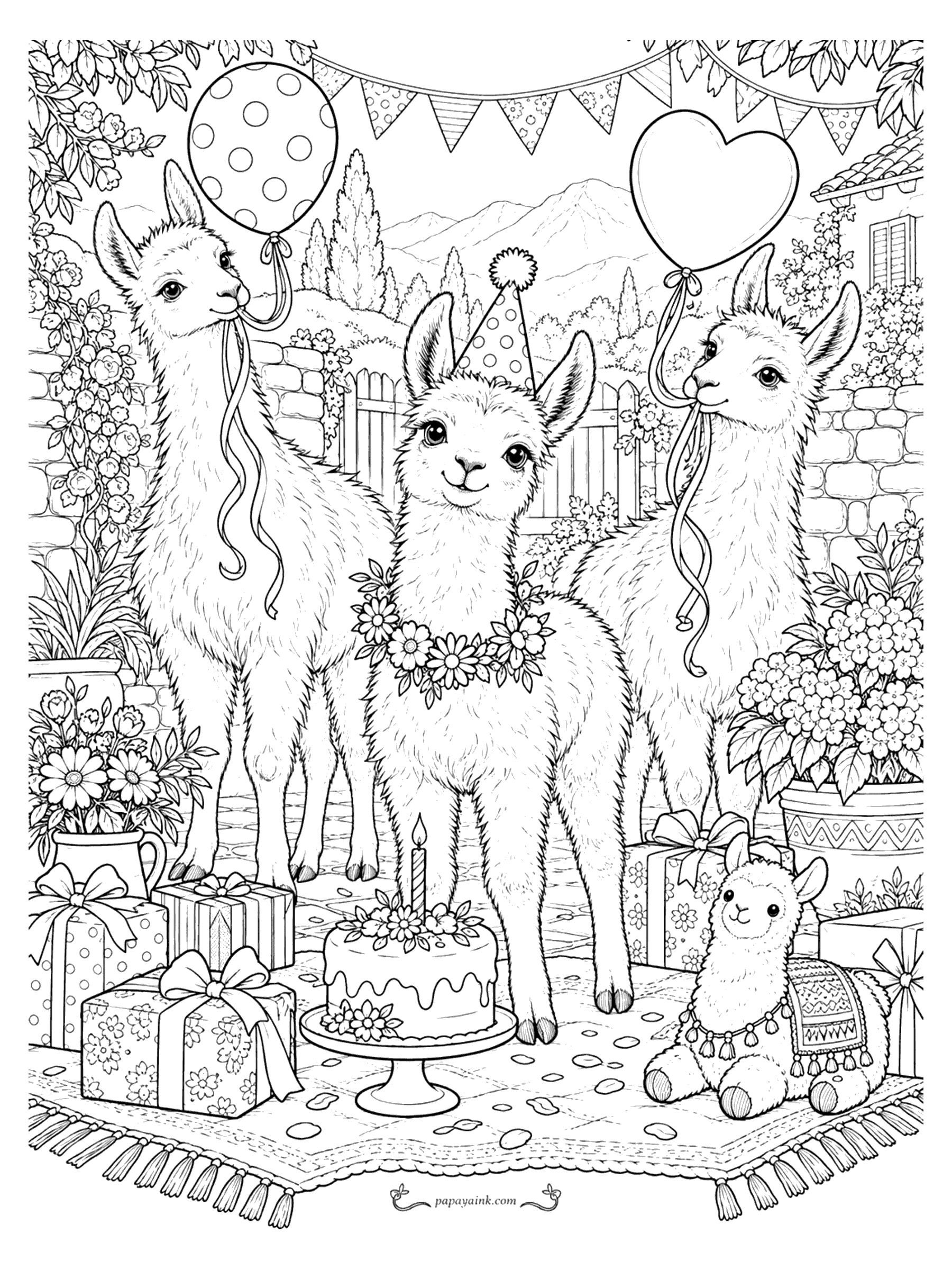 Llama Coloring Pages - Three llamas celebrate with balloons, bunting, a party hat, a candle cake and wrapped gifts spread on a fringed rug beside a plush llama toy. Detailed