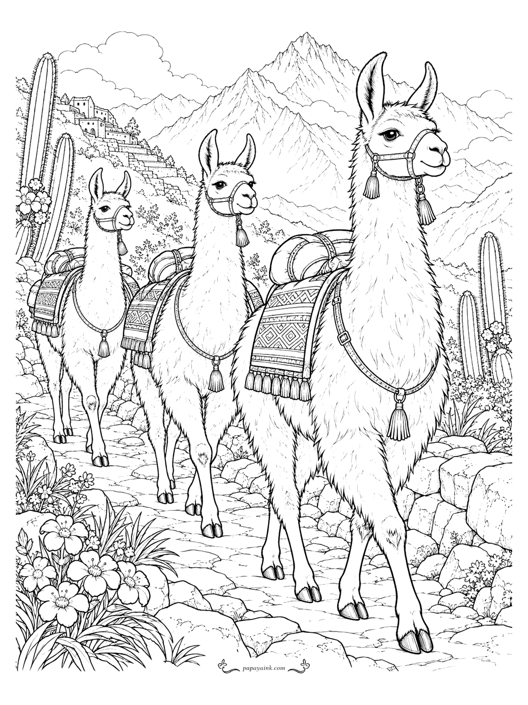 Llama Coloring Pages - Three pack llamas in woven saddle blankets with tassels wind down a rocky trail past tall cacti, with snow peaks and a hillside village in the distance. Detailed