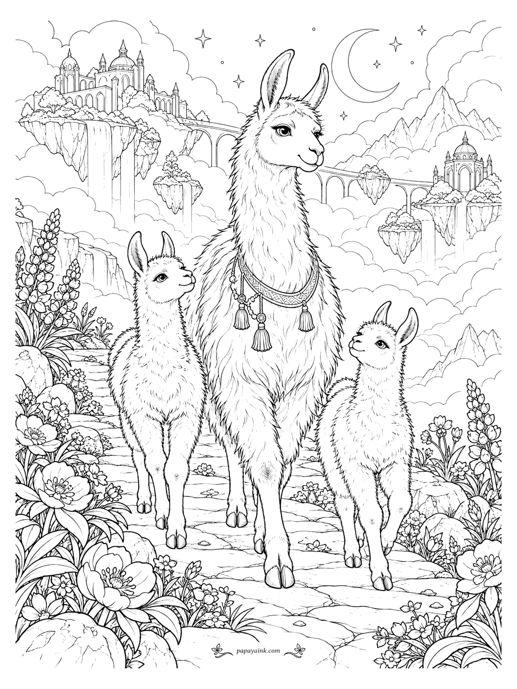 Llama Coloring Pages - A llama in a tasseled collar leads two crias along a stone path through the clouds, with floating islands, waterfalls and domed palaces under a crescent moon. Detailed