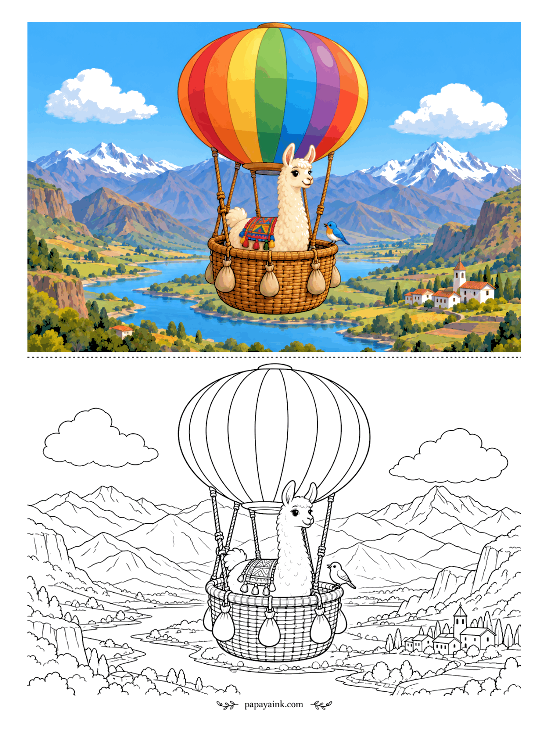 Llama Coloring Pages - Some llamas climb mountains; this one prefers to float over them. The balloon drifts above a winding river and a village with a bell tower, a bluebird rides on the basket rim, and sandbags swing below. Give the balloon stripes the brightest colors you own.