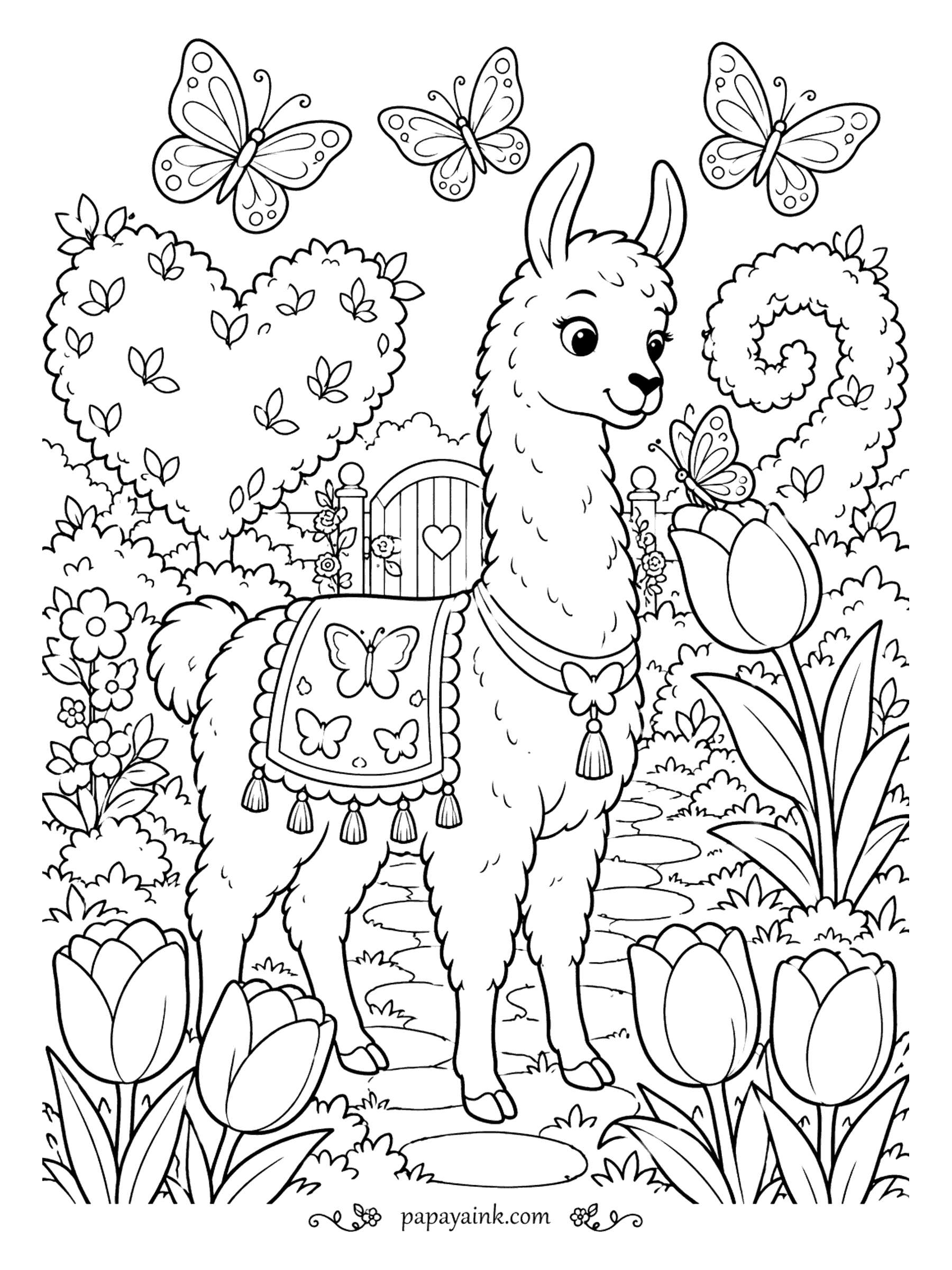 Llama Coloring Pages - The gardener has a soft spot, and it shows: the hedge is clipped into a heart, the gate has one carved in it, and butterflies decorate even the llama's blanket. Tulips line the path. Go bold on the tulips and keep the hedges in two greens.