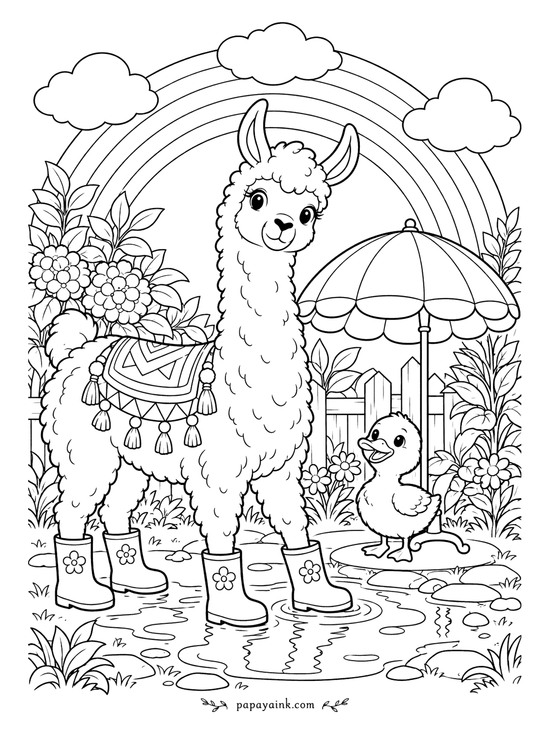 Llama Coloring Pages - Four legs, four rain boots, a flower on every one. The llama stands in a garden puddle under a big umbrella while a duckling waddles over, and a rainbow arcs over the fence. Puddle reflections work well in silvery blue and gray.