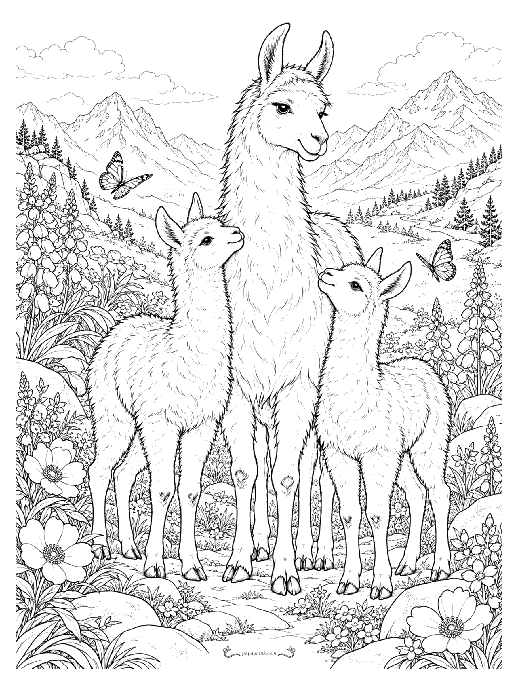Llama Coloring Pages - A mother llama stands tall between two nuzzling crias in a meadow of lupines and anemones, butterflies drifting over the mountain valley behind. Detailed