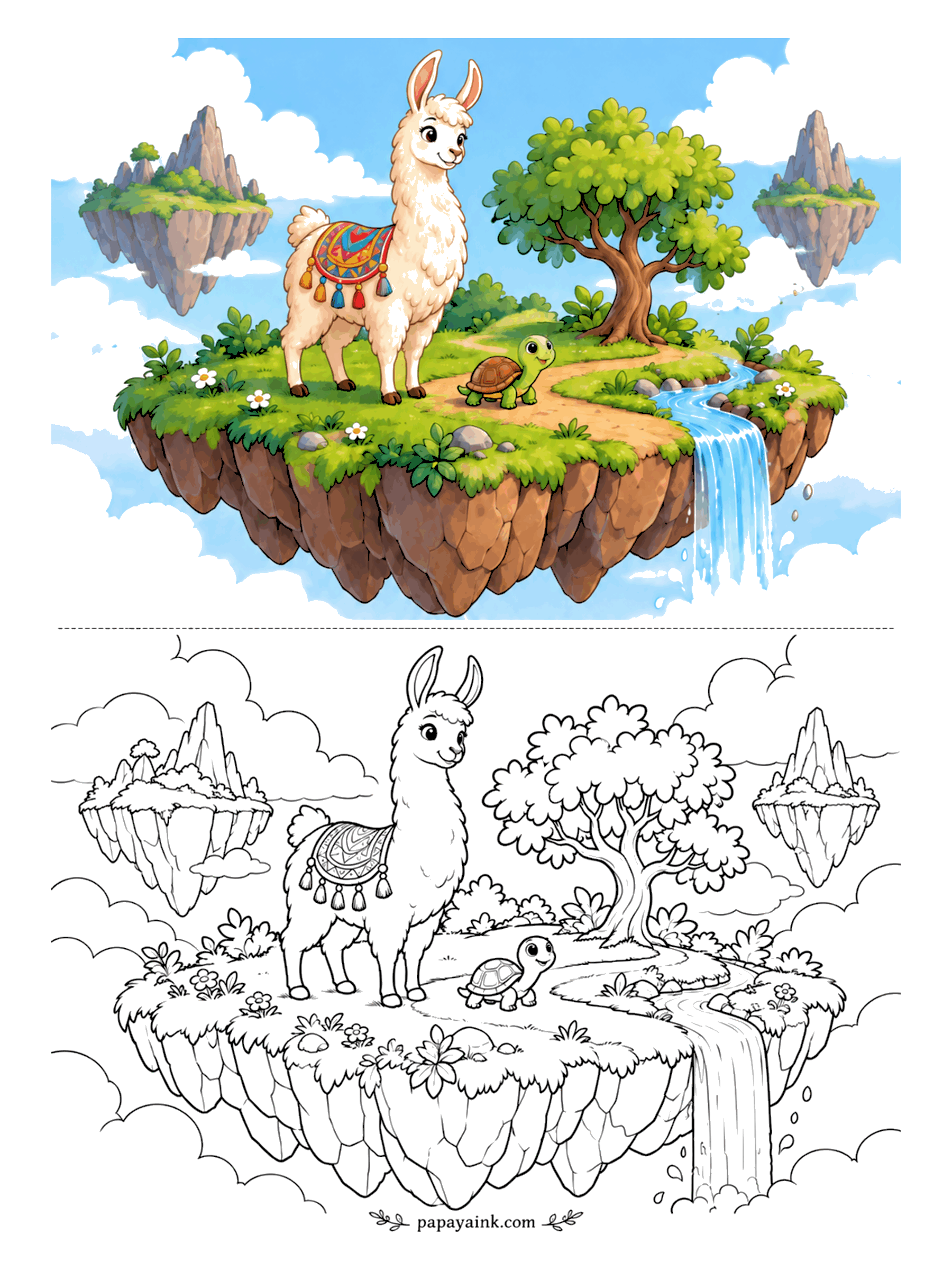 Llama Coloring Pages - This island hangs in mid-air, and no one on it seems worried. A llama and a tortoise share the grassy top with a single tree and a stream that pours right off the edge. Few small details - a calm one for a quiet evening.