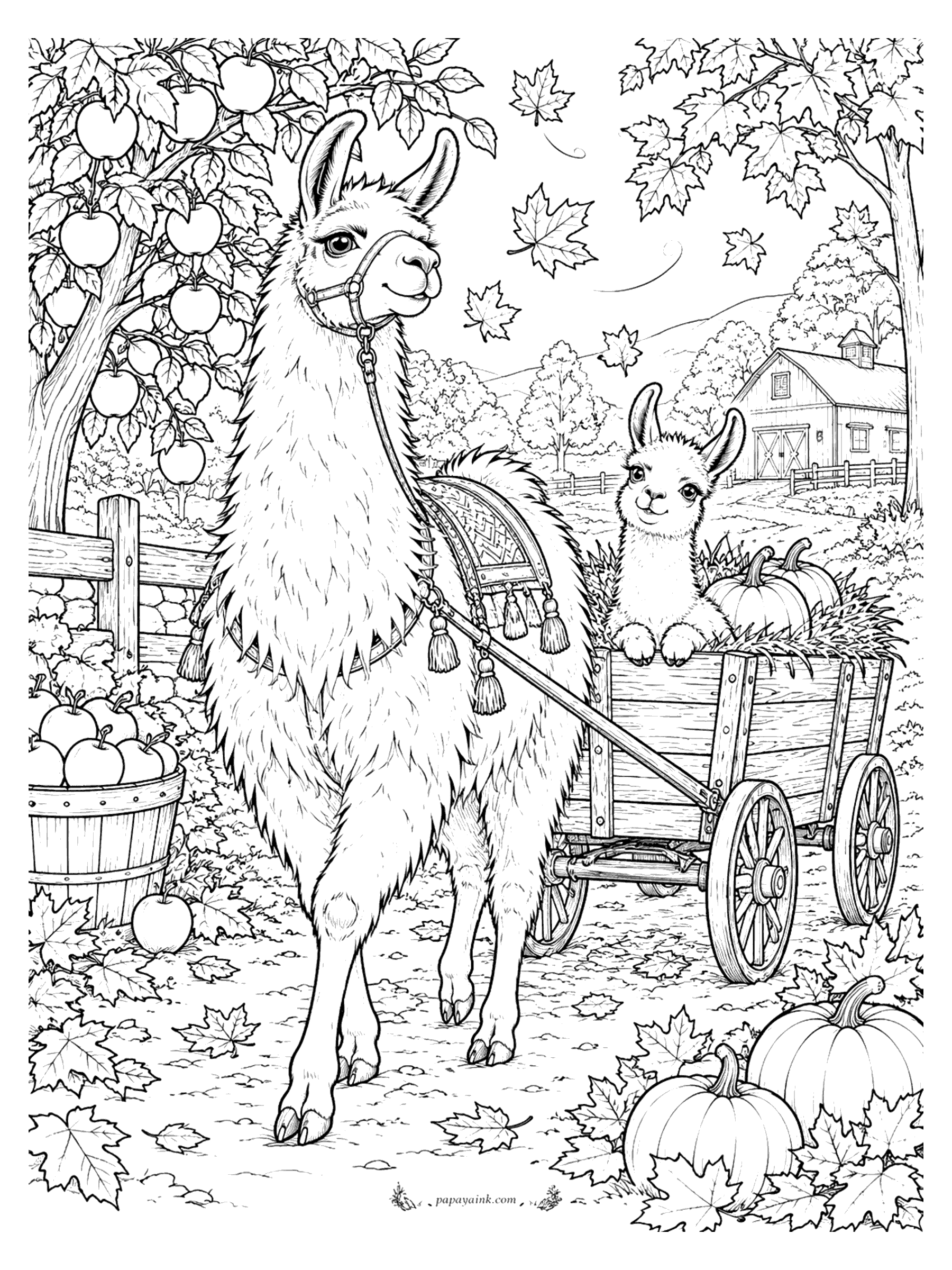 Llama Coloring Pages - A harnessed llama pulls a wooden cart with a cria riding among pumpkins through an apple orchard as autumn leaves fall around a red barn. Detailed