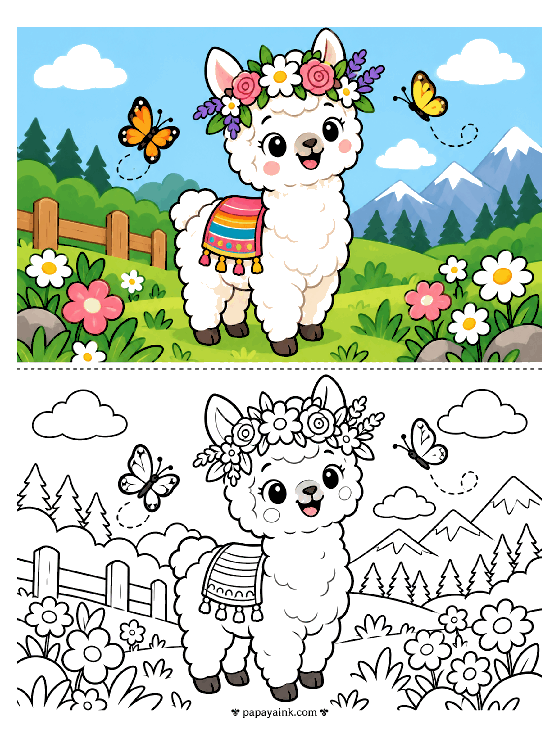 Copy Coloring Pages - Copy coloring page of a llama wearing a flower crown and a striped blanket in a mountain meadow