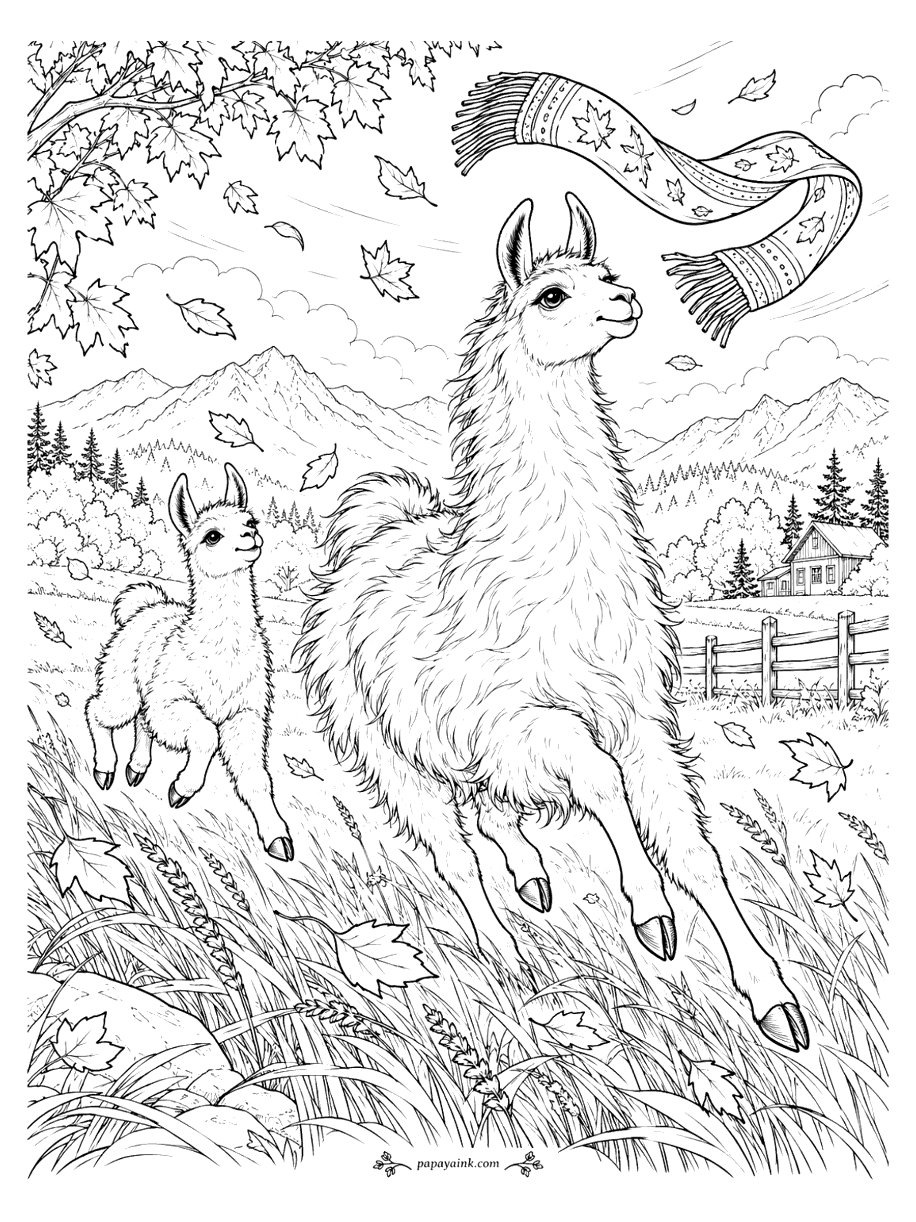 Llama Coloring Pages - A llama and its cria bound through tall grass as maple leaves swirl and a knitted scarf flies free in the wind above a farmhouse fence.