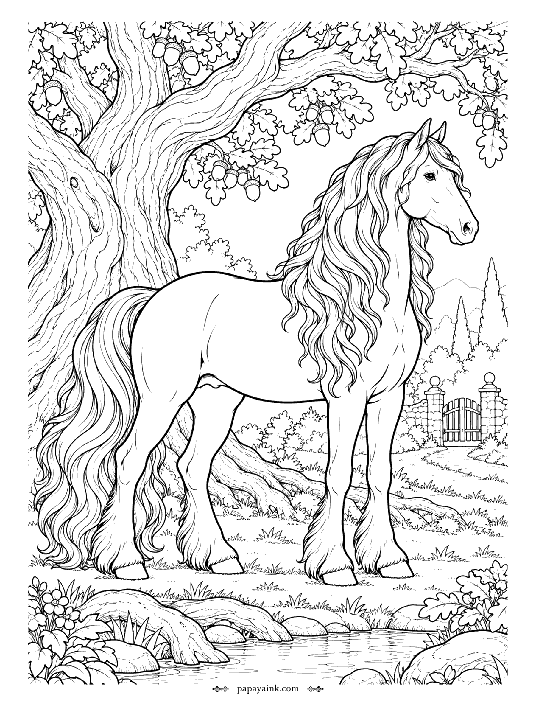 Horse Coloring Pages - Under an oak heavy with acorns, a horse with a mane down to its knees and feathered hooves looks toward an iron gate between stone pillars. Roots, a still pool and clumps of wildflowers fill the foreground. Detailed - hair, bark and leaves, each its own texture.