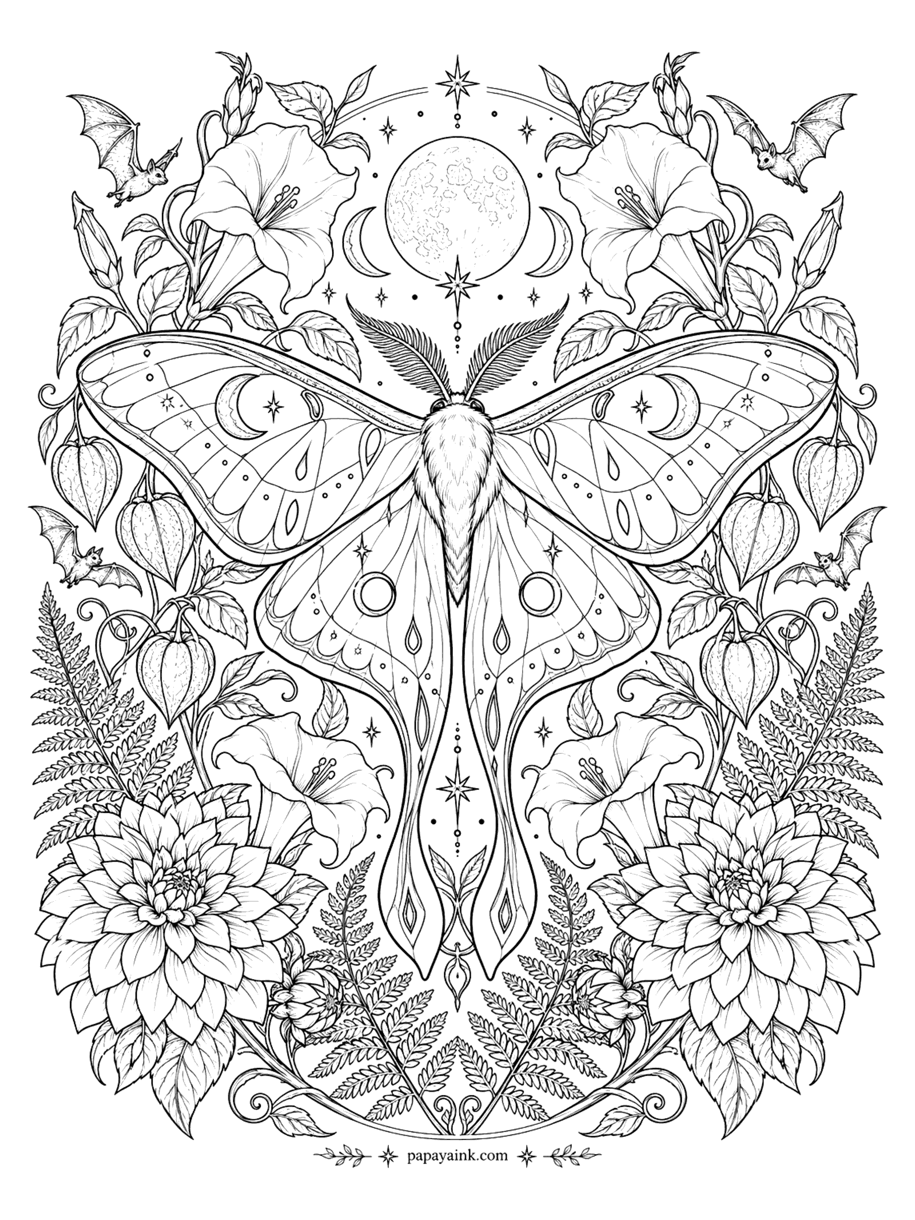 Halloween Coloring Pages for Adults - Luna moth mandala with a full moon, moon phases, bats, dahlias, ferns, and Chinese lantern flowers in perfect symmetry (Detailed)