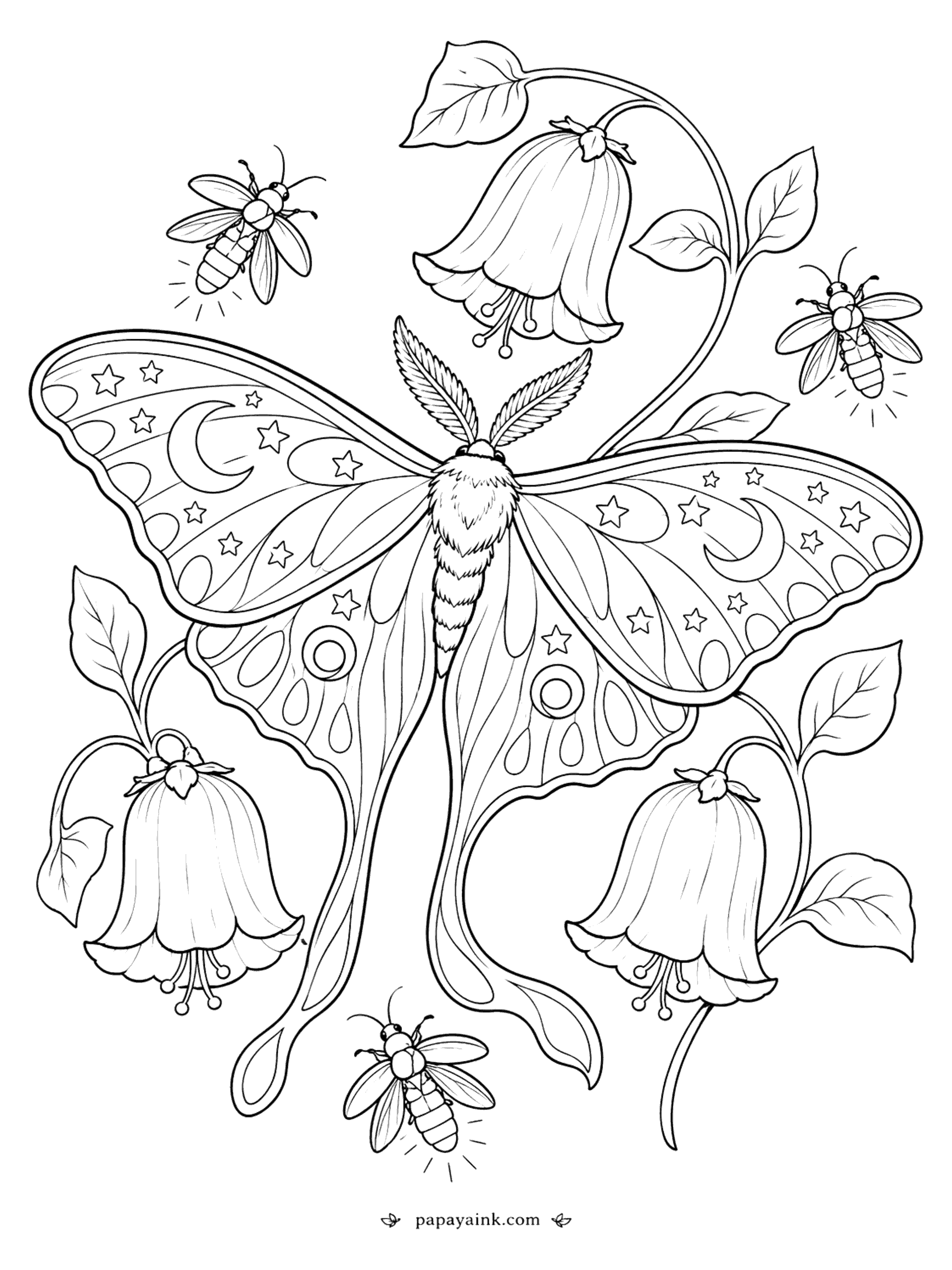Butterfly Coloring Pages - Luna Moth Coloring Page: Moon and Stars Wings, Bellflowers and Fireflies (Detailed)