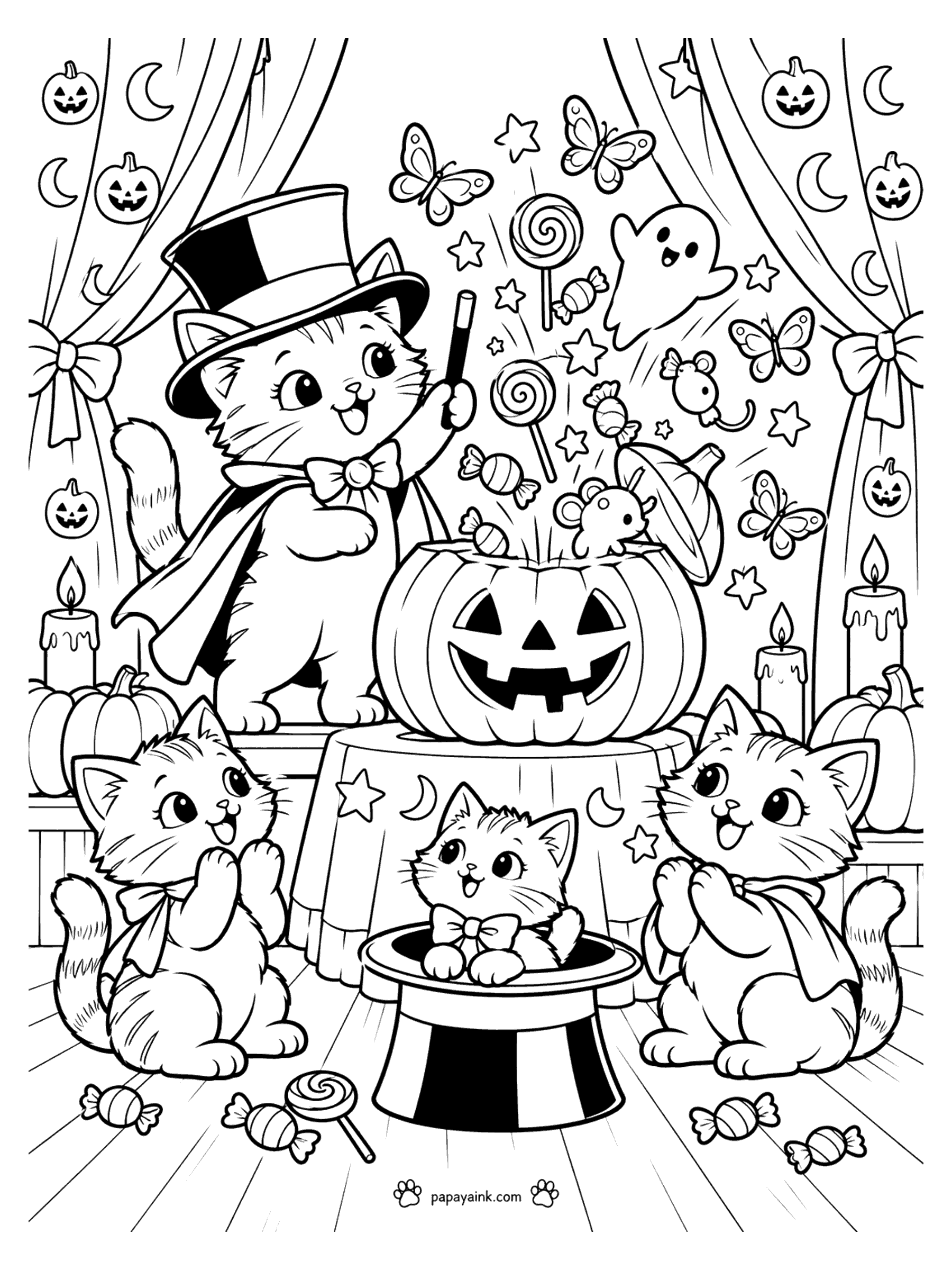 Halloween Cat Coloring Pages - A magician cat in a top hat waving candy, butterflies, and a ghost out of a jack-o-lantern while kittens applaud. Detailed.