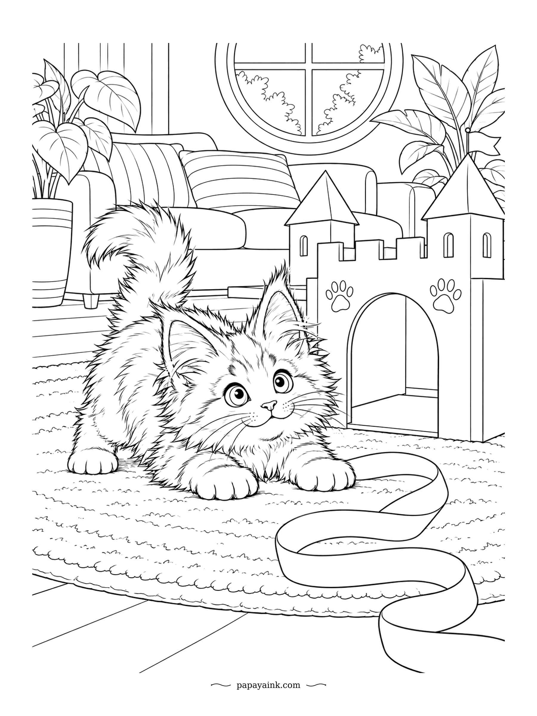 Kitten Coloring Pages - Crouched in front of a cardboard castle, ribbon trailing past, ready to pounce. Maine Coon kittens keep growing for three to four years, so this one has a long way to go. Towers, turrets and a round window: lots of straight lines to fill.