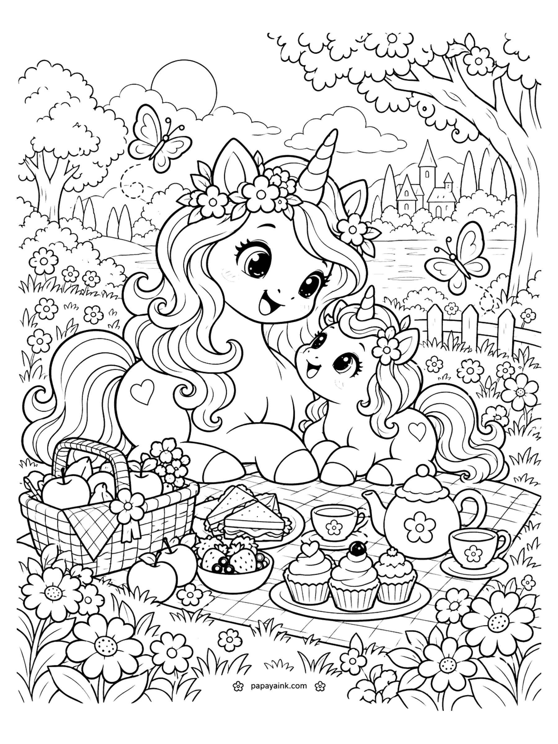 Cute Unicorn Coloring Pages - A mama unicorn and her baby share a picnic by the lake with a fruit basket, sandwiches, cupcakes, a teapot and butterflies. Detailed.