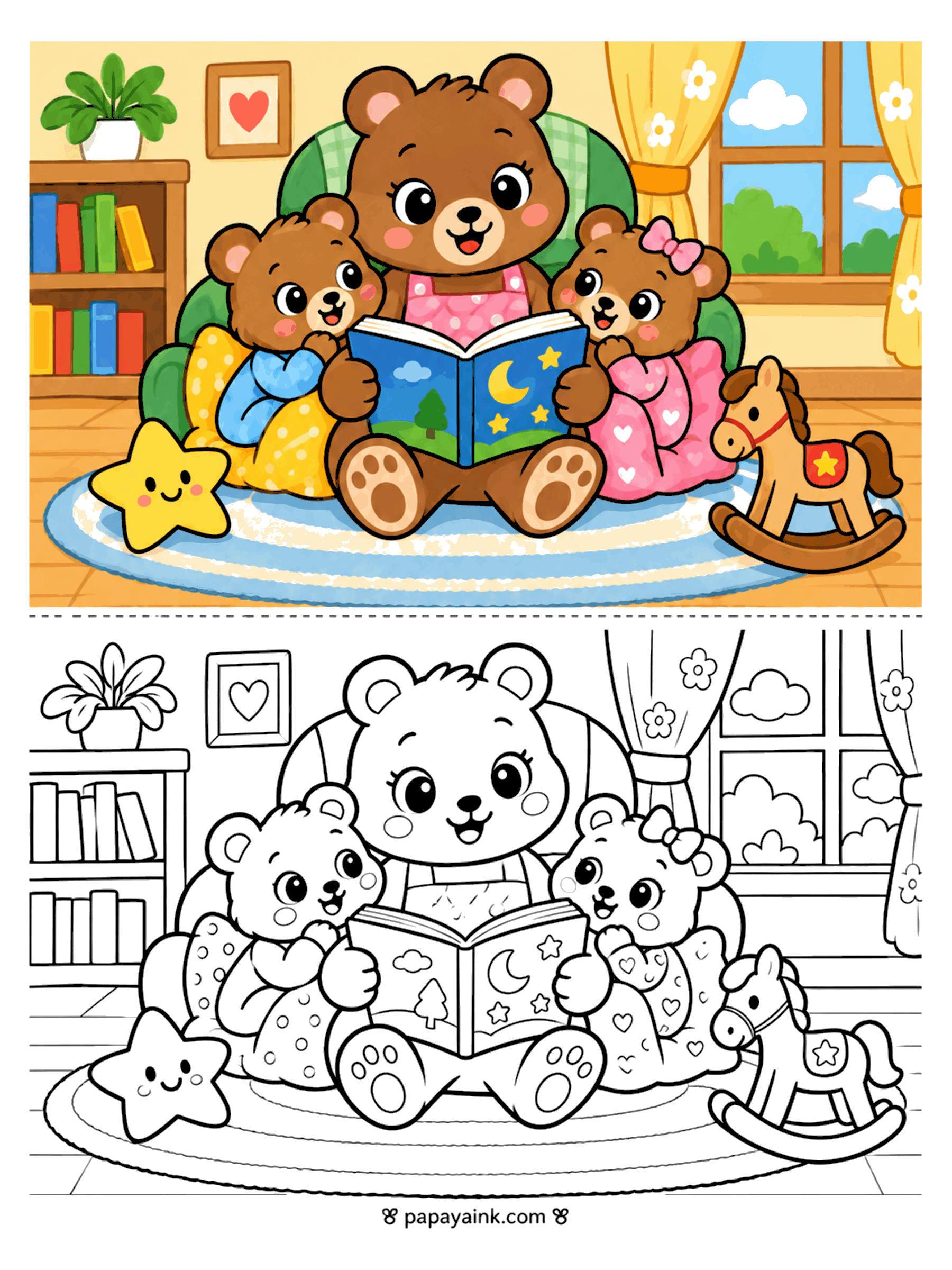 Bear Coloring Pages - Mama bear reads a bedtime story to two cubs on a green armchair, with a rocking horse and a bookshelf nearby. Detailed.