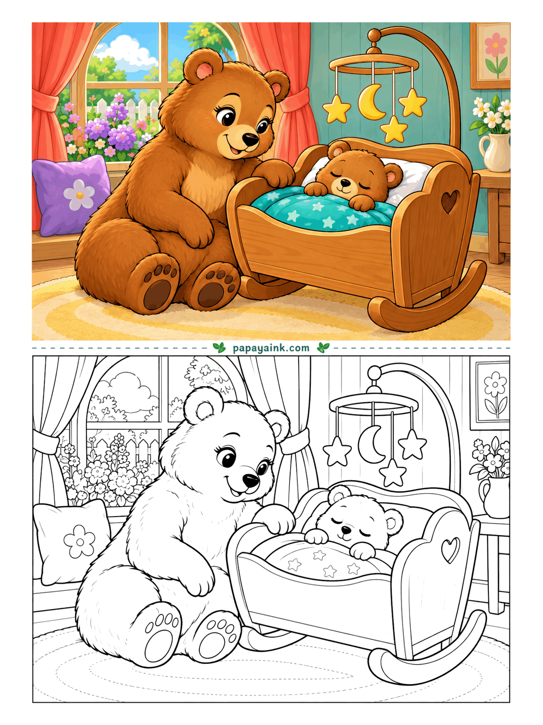 Bear Coloring Pages - Nobody rocks a cradle more quietly than a bear who wants an hour of peace. The cub sleeps under a star quilt while a moon-and-stars mobile hangs overhead. Wood grain on the cradle, a braided rug and soft curtains to shade.