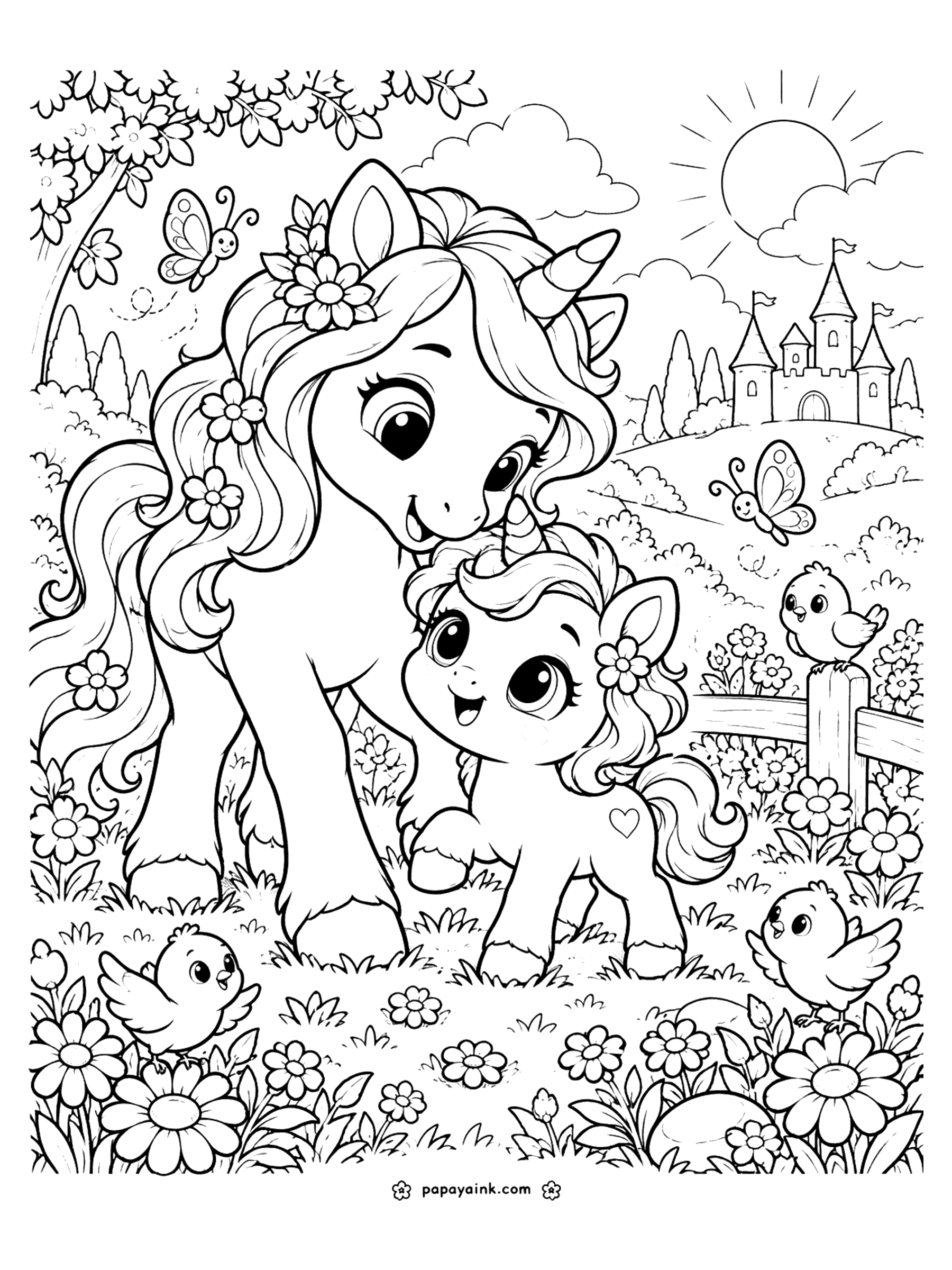 Baby Unicorn Coloring Pages - Mama unicorn nuzzles her baby in a blooming meadow while little chicks flutter around, with butterflies, a wooden fence and a castle on the hill. Detailed.