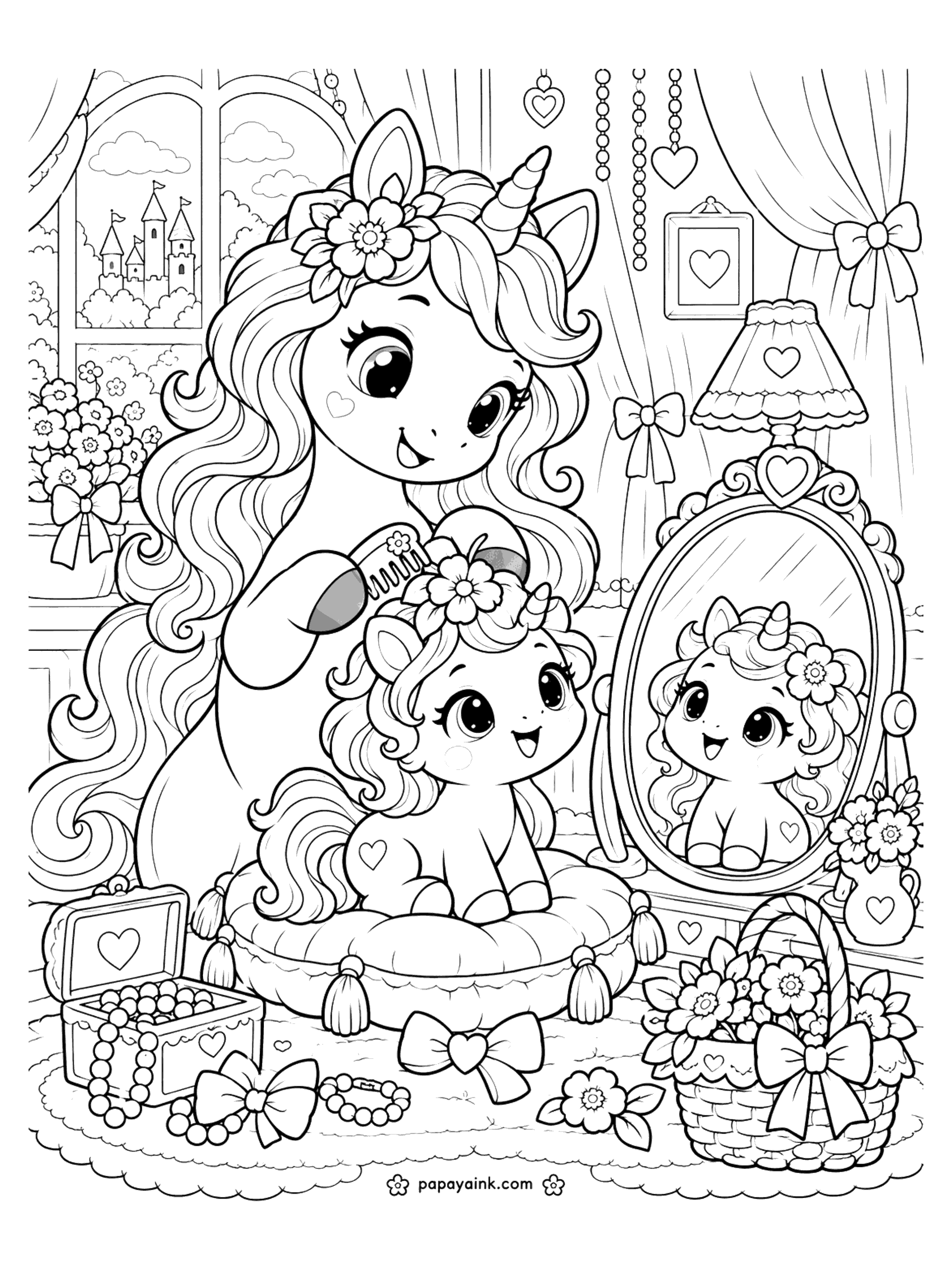 Baby Unicorn Coloring Pages - Mama unicorn combs her baby's curls on a tasseled cushion in front of an ornate mirror, with a jewelry box, bows and a flower basket. Detailed.