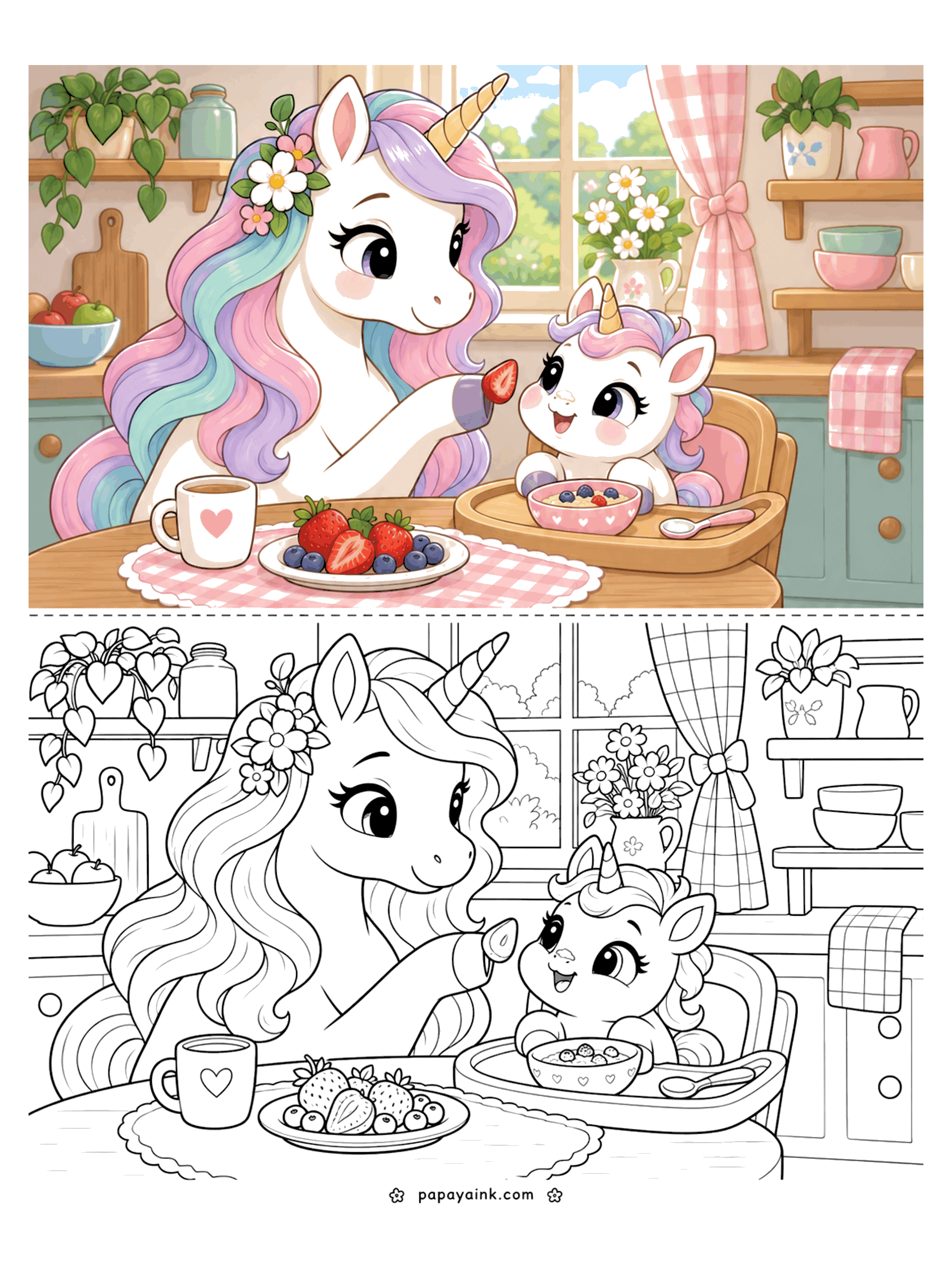 Baby Unicorn Coloring Pages - Breakfast in a sunny kitchen: mama unicorn hands a strawberry to her baby in a high chair, with a bowl of oatmeal and berries on the tray.
