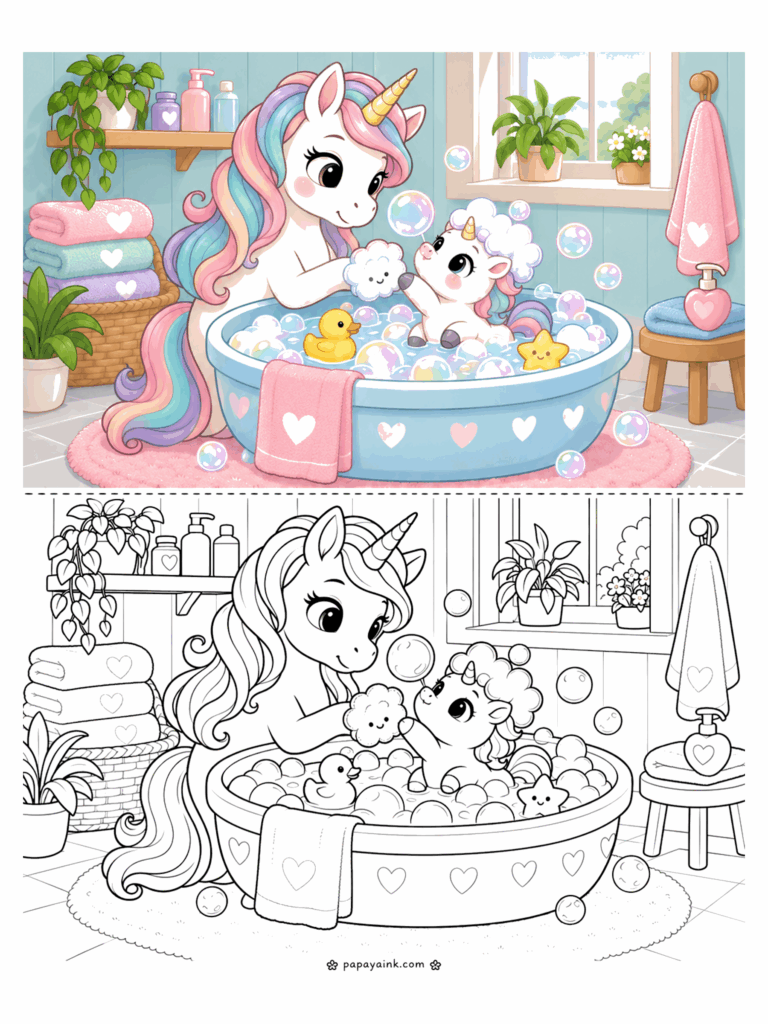 Baby Unicorn Coloring Pages - Mama unicorn washes her baby in a heart-patterned tub full of rainbow bubbles, with a rubber duck, a smiling star and folded towels on the shelf. Detailed.