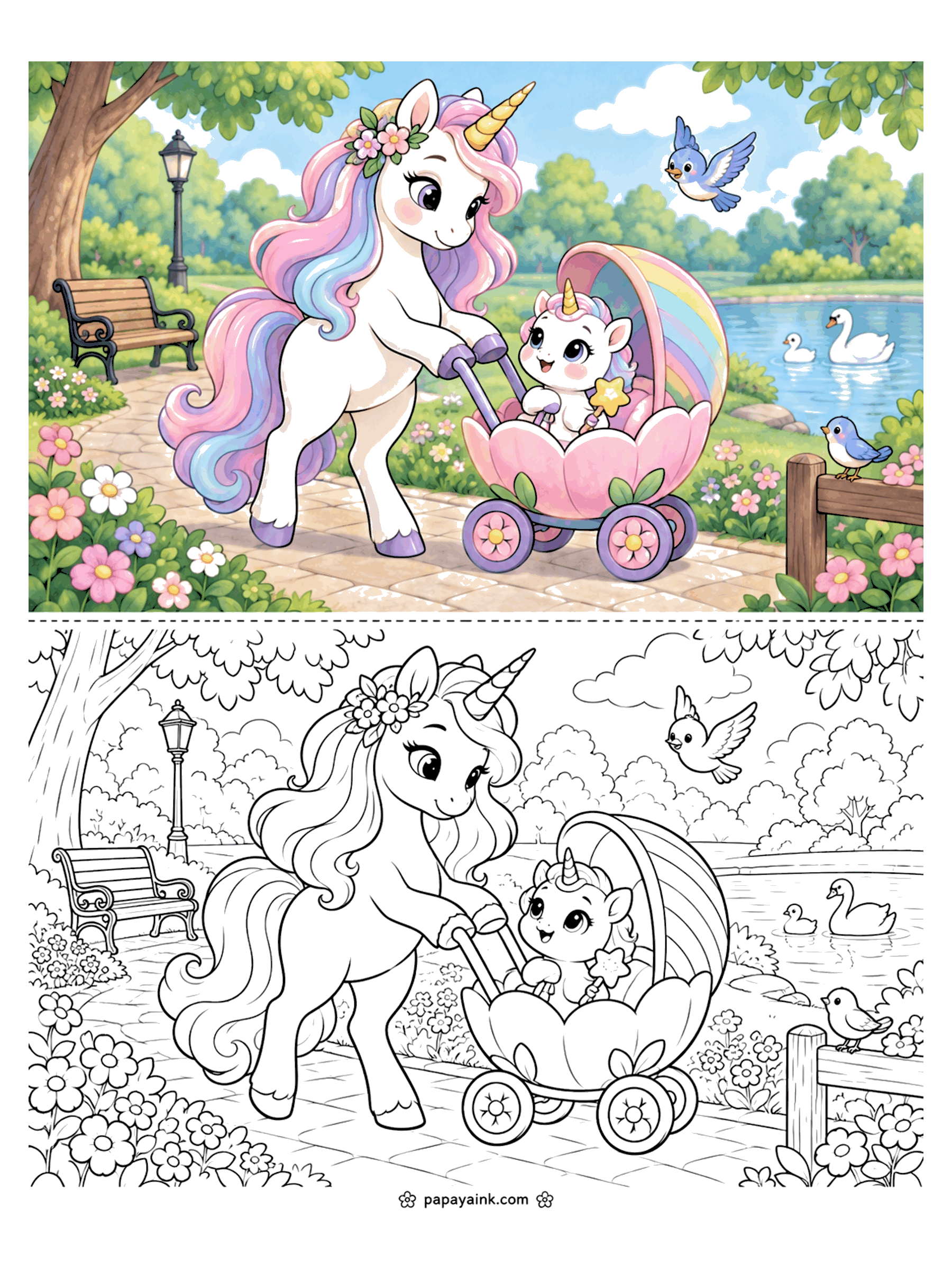 Baby Unicorn Coloring Pages - A walk in the park: mama unicorn pushes a flower-petal stroller past a bench and a pond with swans while bluebirds fly overhead. Detailed.