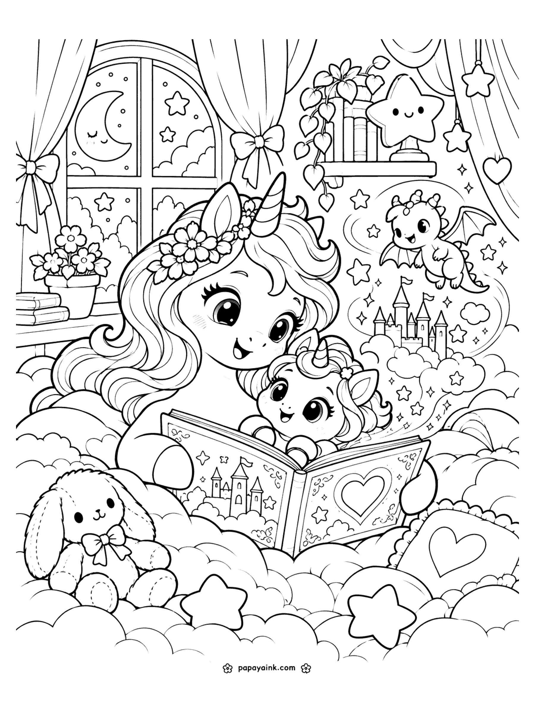 Baby Unicorn Coloring Pages - Story time on a bed of clouds: mama reads a fairy tale book and a tiny dragon and a castle float out of its pages in a swirl of stars.
