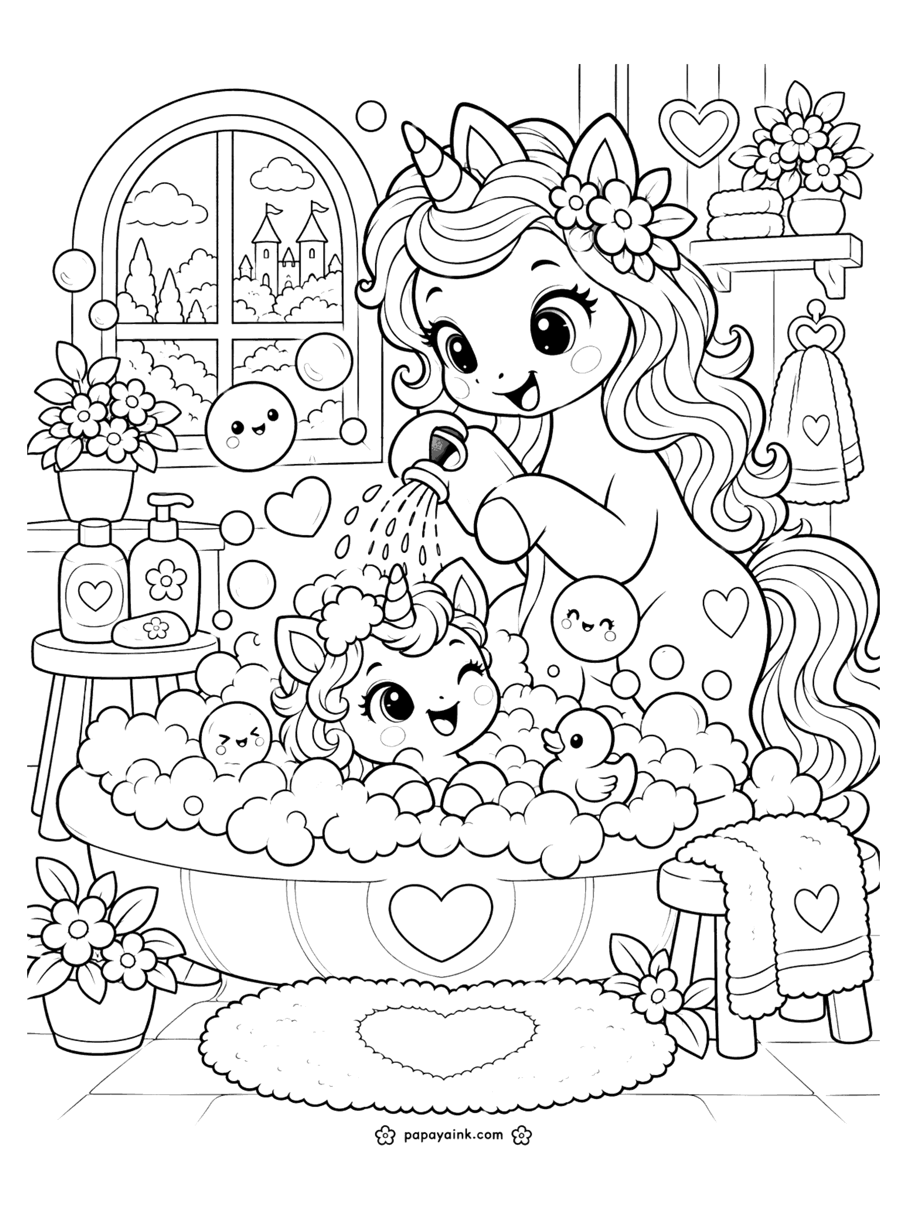 Baby Unicorn Coloring Pages - Bath time black and white page: mama rinses her baby with a shower head in a tub piled with foam, with smiling bubbles, a rubber duck and heart towels.