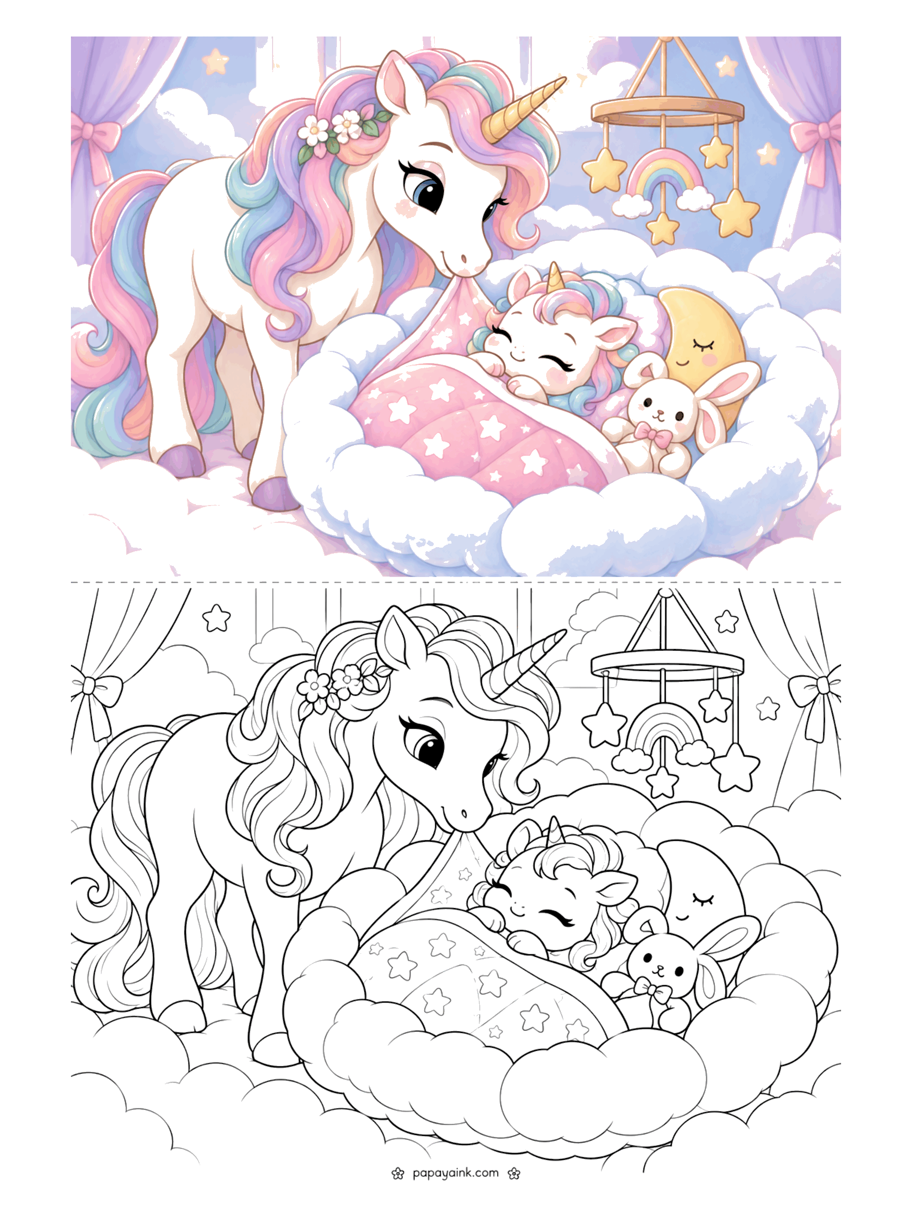 Baby Unicorn Coloring Pages - Mama unicorn pulls a star quilt over her sleeping baby in a cloud cradle, with a plush bunny, a sleepy moon and a rainbow mobile.