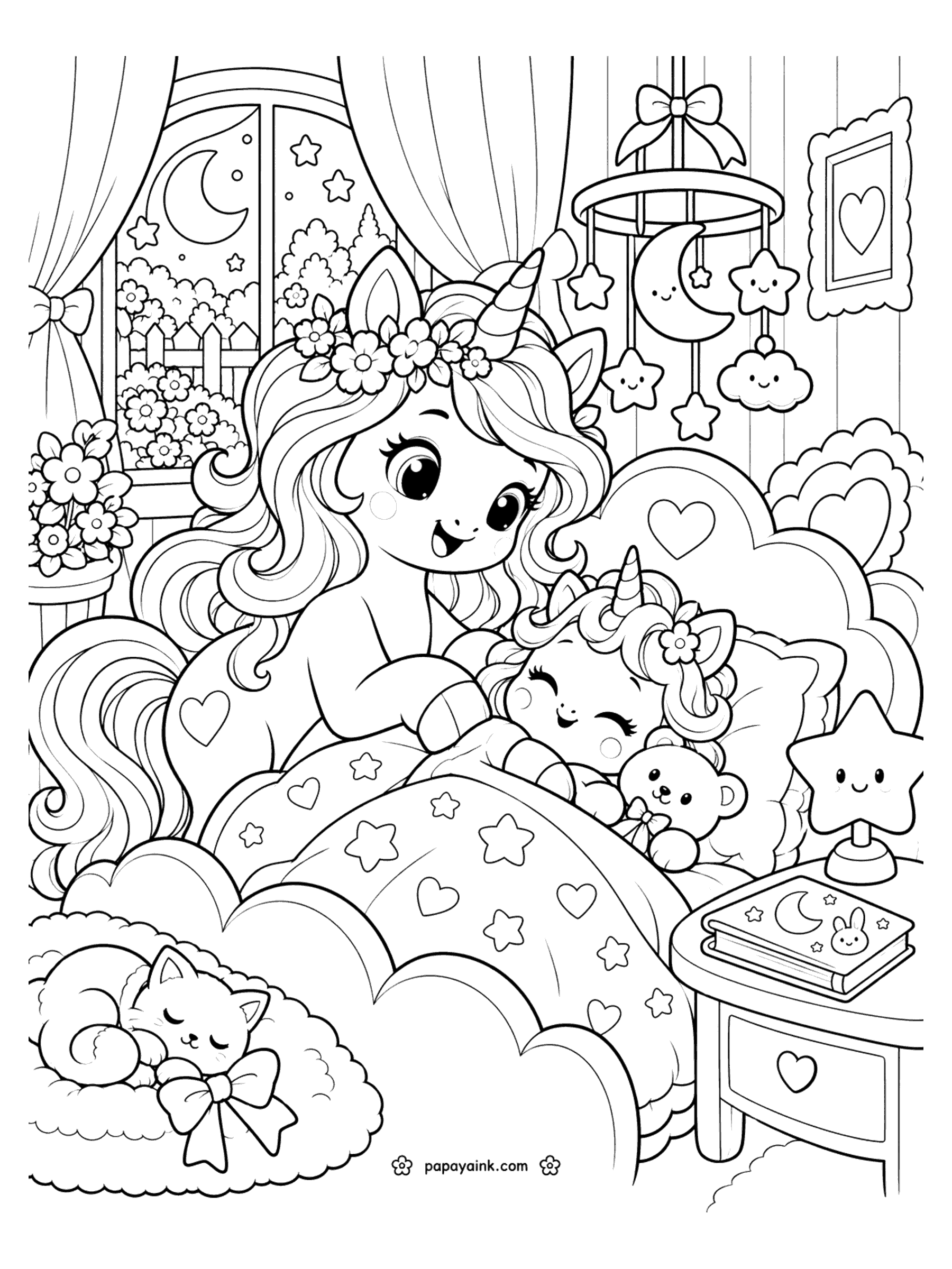 Cute Unicorn Coloring Pages - A mama unicorn tucks her sleeping baby into bed under a star quilt, with a teddy bear, a star night-light, a moon mobile and a kitten on the rug.