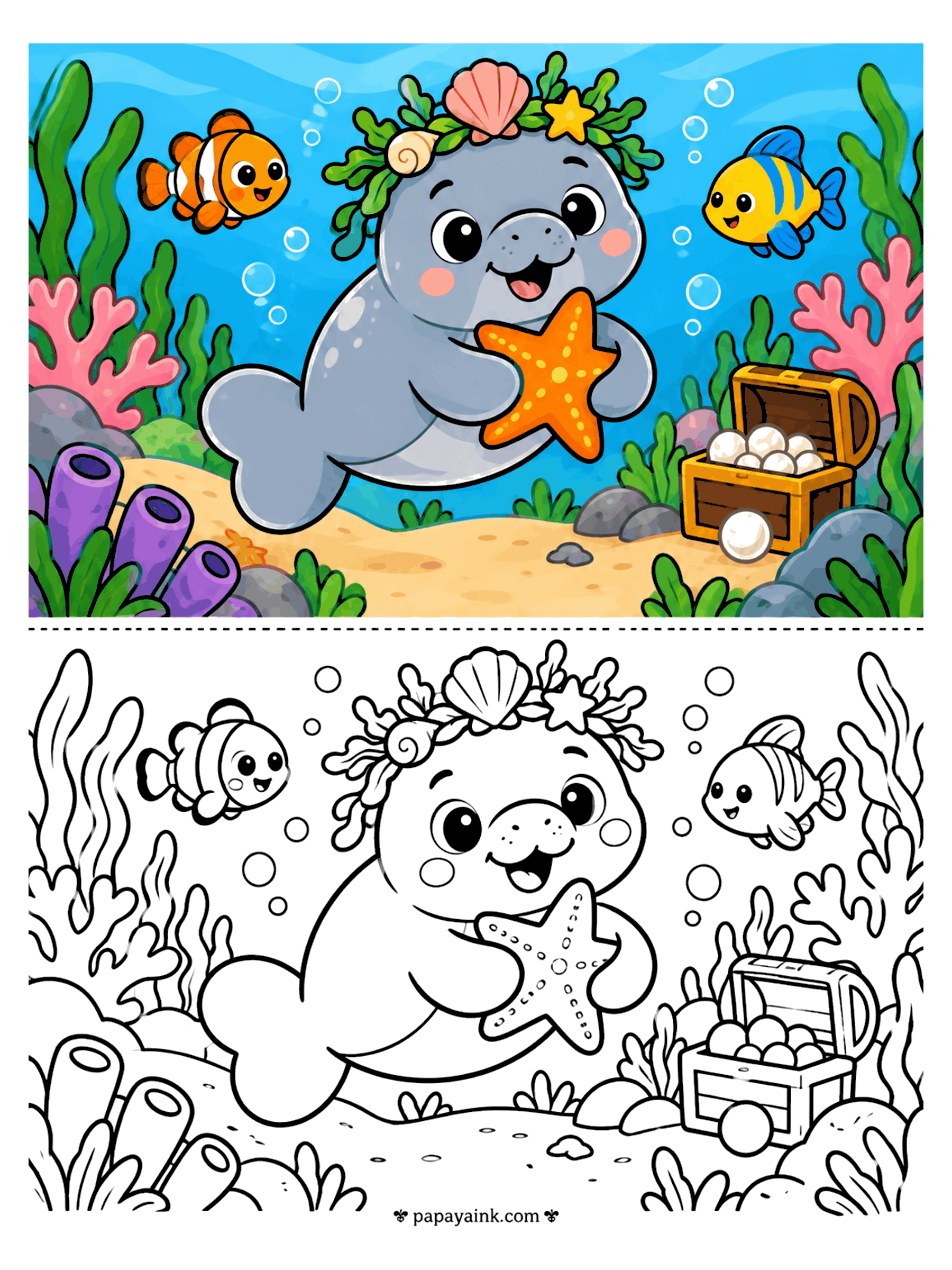 Copy Coloring Pages - Copy coloring page of a manatee hugging a starfish near a treasure chest, with tropical fish and coral