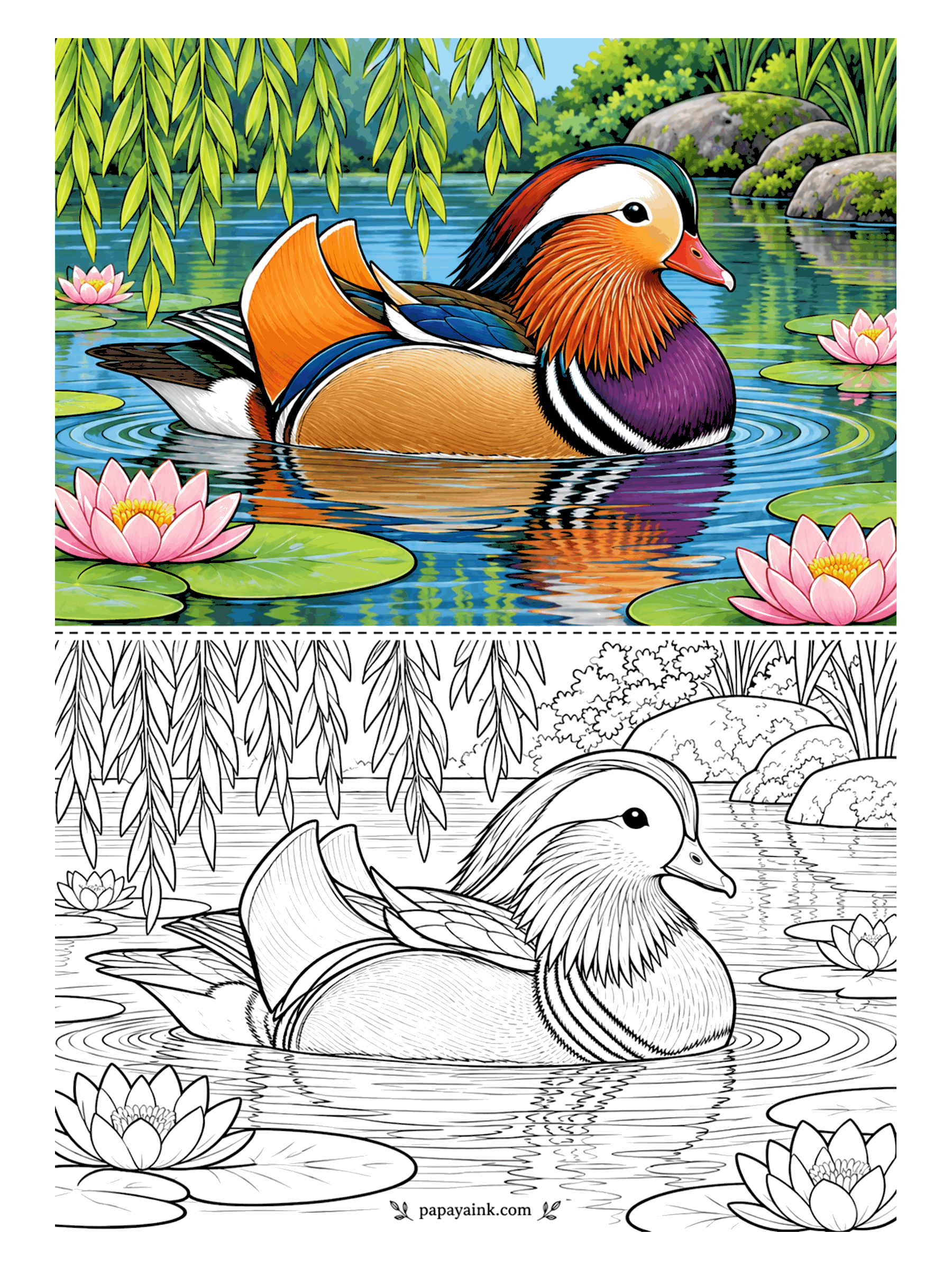 Bird Coloring Pages - No other duck has those two orange sails standing up from its back. The mandarin drake drifts between pink water lilies under a willow, and the pond does half the work: carry every color of the bird down into its reflection, loosely, like wet paint.