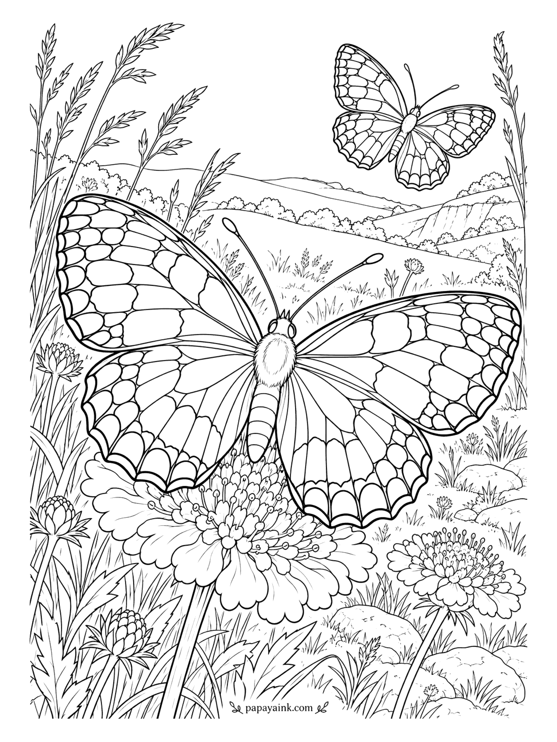 Butterfly Coloring Pages - It looks like a white, but the marbled white belongs with the browns. Two of them in a hay meadow, one on a scabious flower and one in flight. Black and white checkerboard wings, ideal for shading in graphite alone.