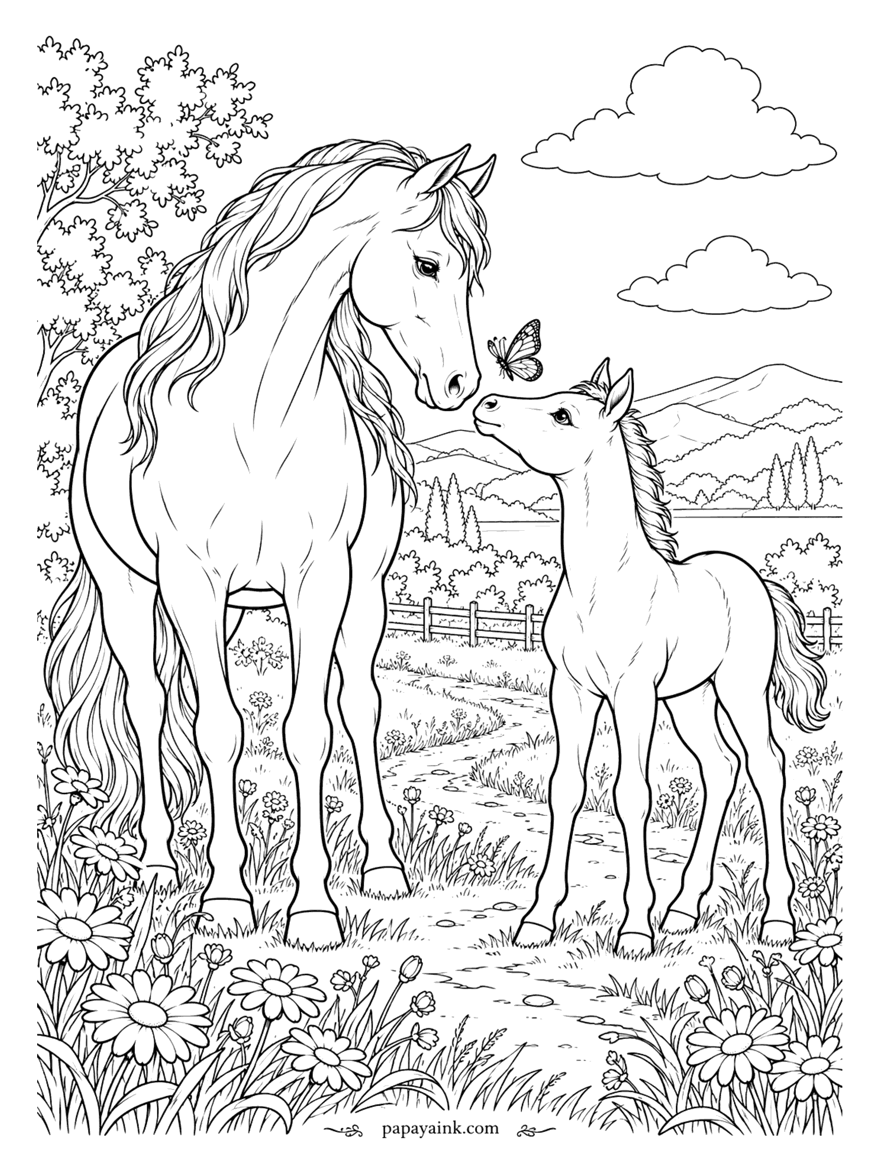 Horse Coloring Pages - A butterfly has landed exactly between two noses, and neither horse is moving until it leaves. Mare and foal stand in a daisy meadow with a rail fence, a dirt track and far hills behind. Open shapes on the horses, busy flowers below.