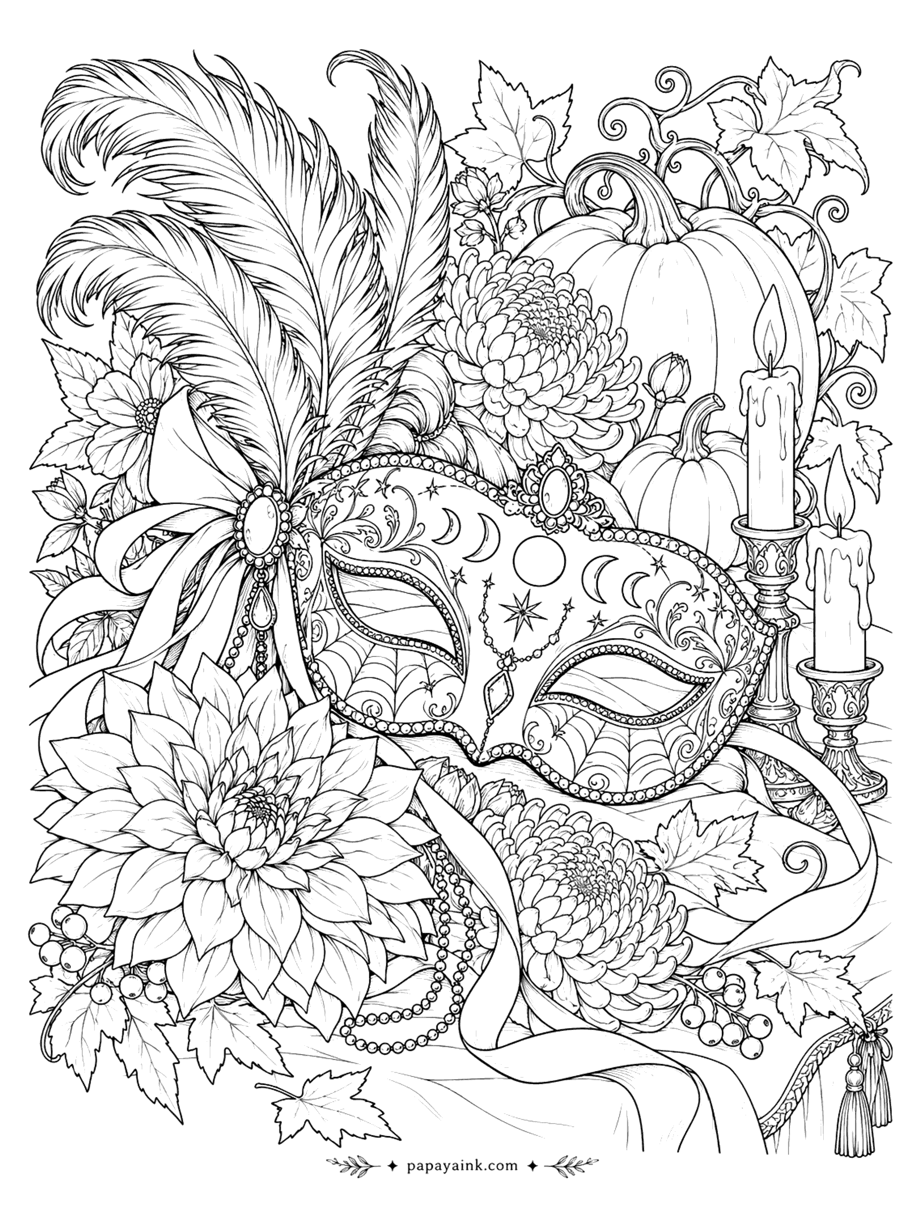 Halloween Coloring Pages for Adults - Ornate masquerade mask with moon phases and spiderweb lace, plumed feathers, chrysanthemums, dahlias, pumpkins, and candlesticks (Detailed)